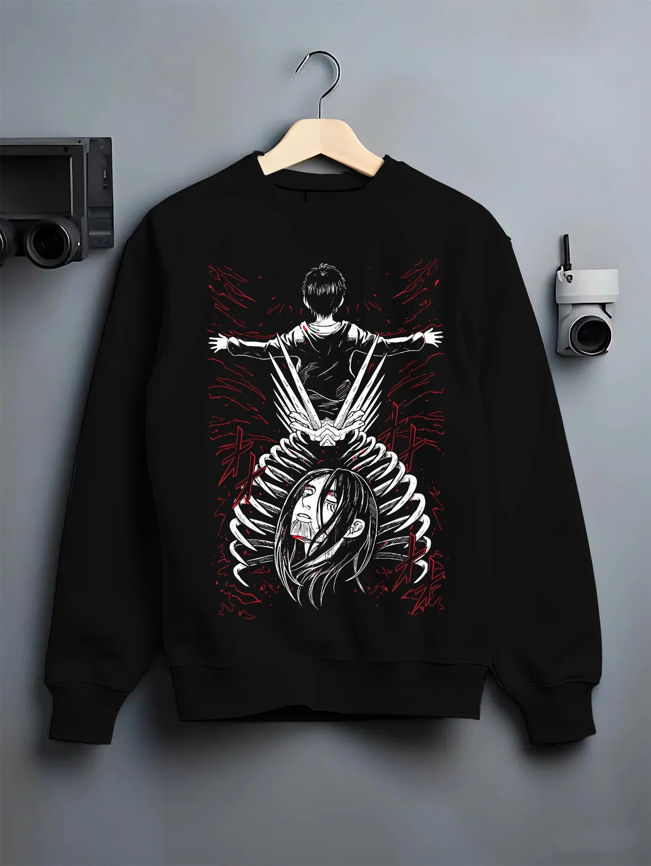 Black crewneck sweatshirt on hanger with Eren Founding Titan Hoodie Attack on Titan Transformation graphic bold anime graphic.