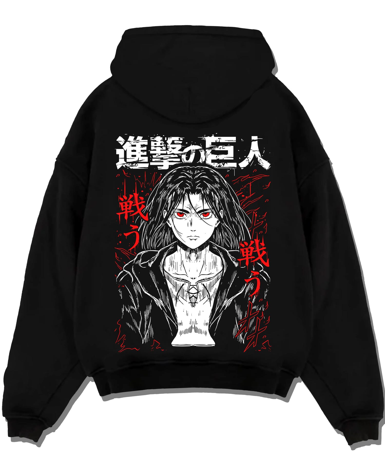 Black pullover hoodie laid flat with Eren Yeager Hoodie Attack on Titan War Cry Panel Print graphic streetwear graphic.