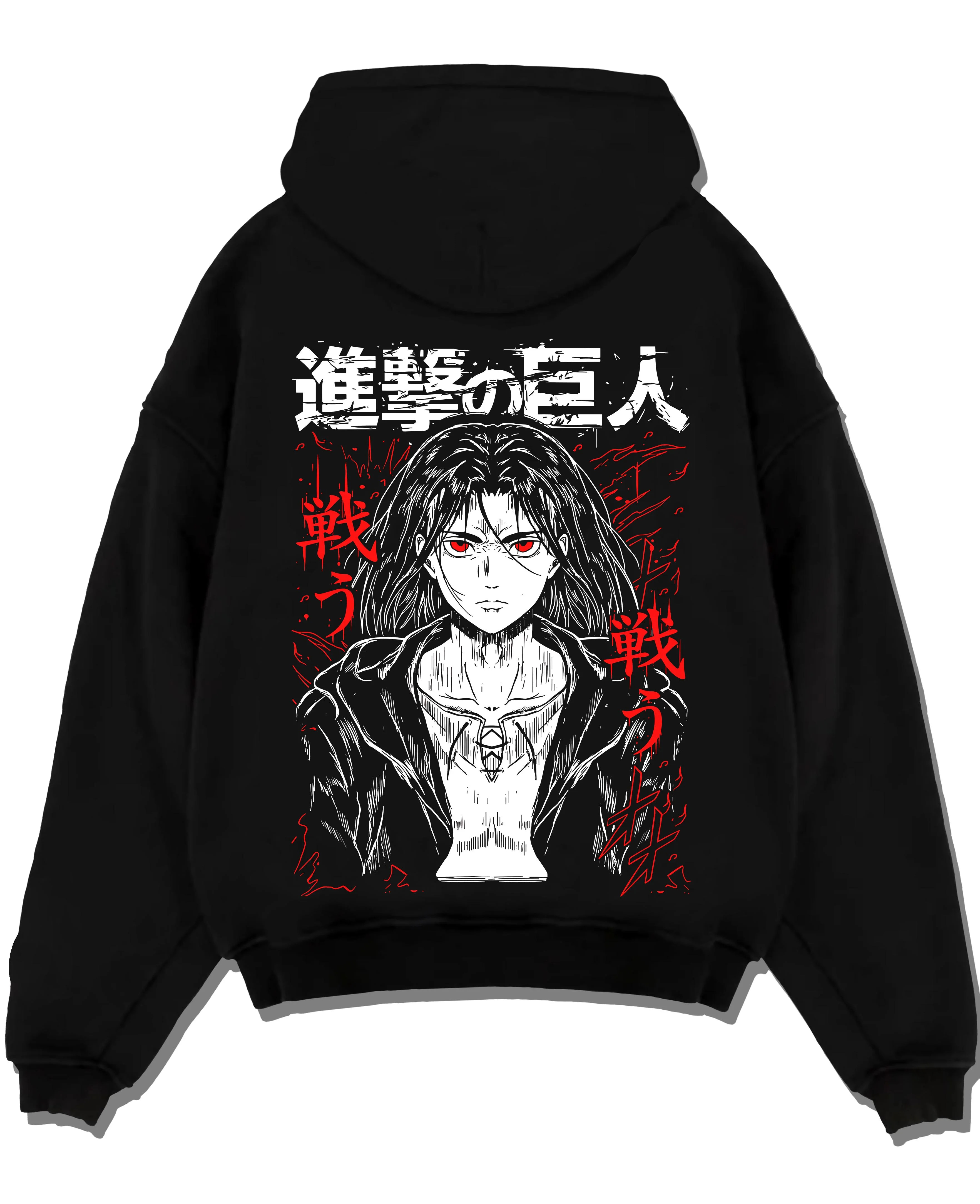 Black pullover hoodie laid flat with Eren Yeager Hoodie Attack on Titan War Cry Panel Print graphic streetwear graphic.