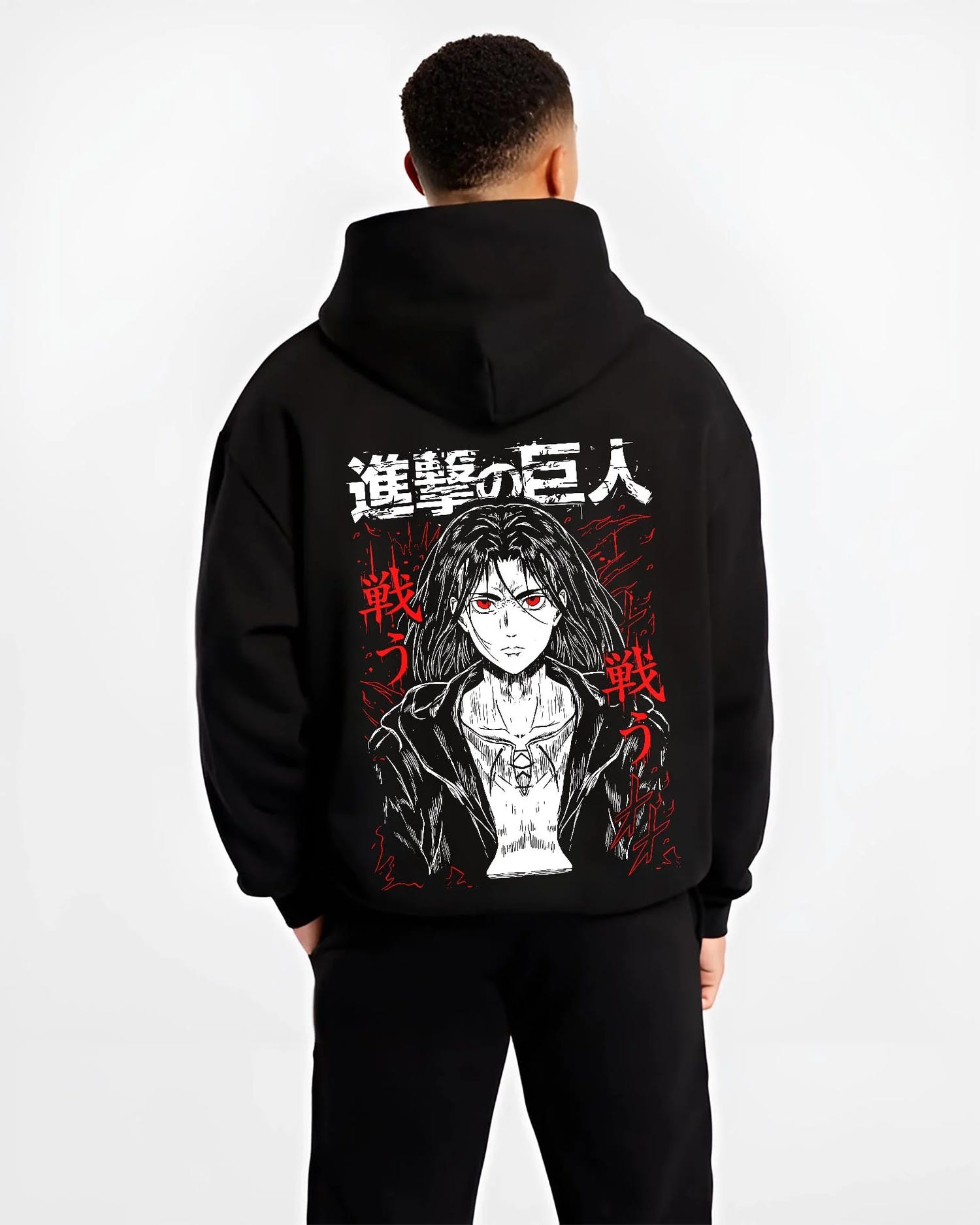 Black hoodie worn by male model, back view with Eren Yeager Hoodie Attack on Titan War Cry Panel Print graphic streetwear graphic.