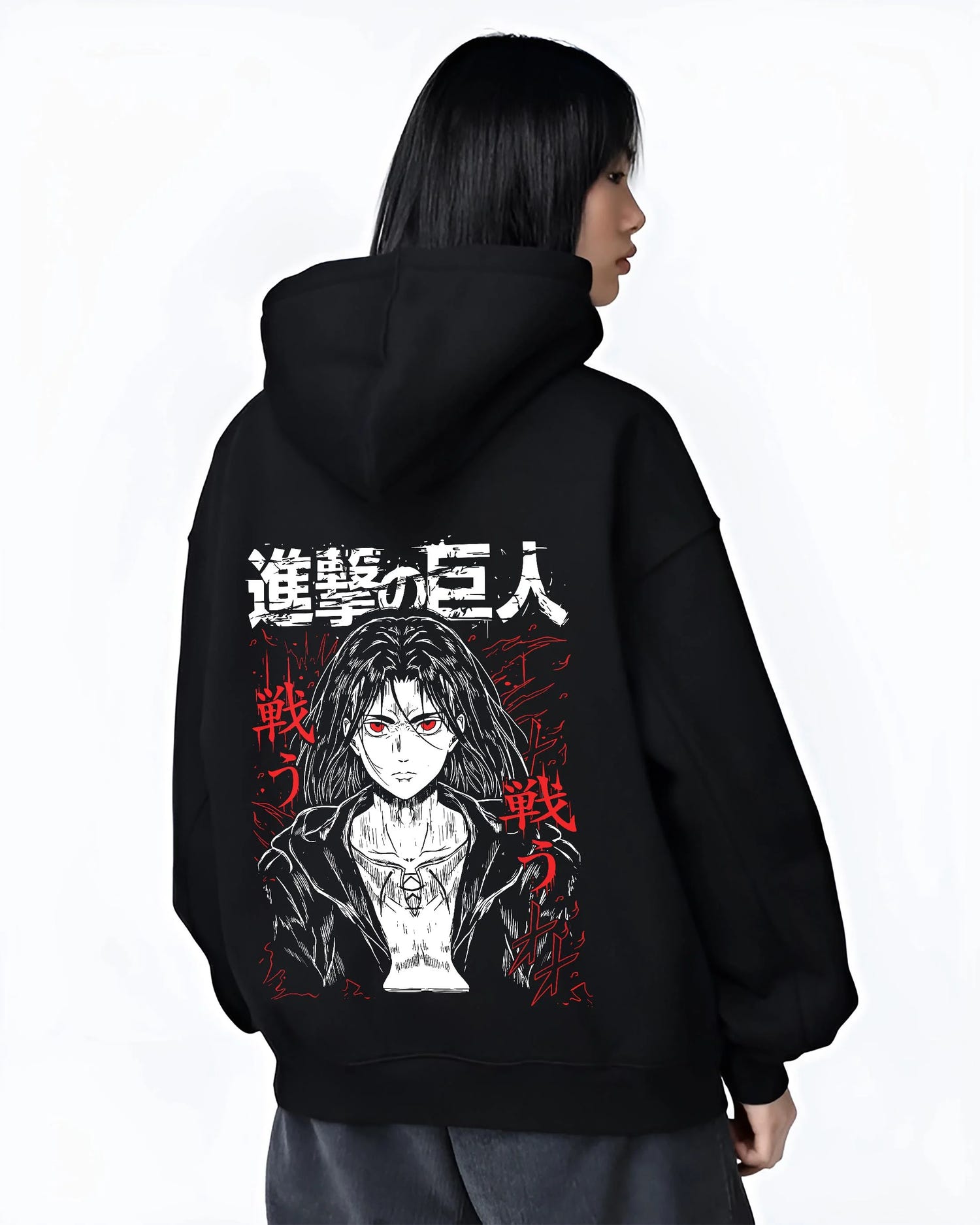 Black hoodie worn by female model, back view with Eren Yeager Hoodie Attack on Titan War Cry Panel Print graphic bold anime graphic.