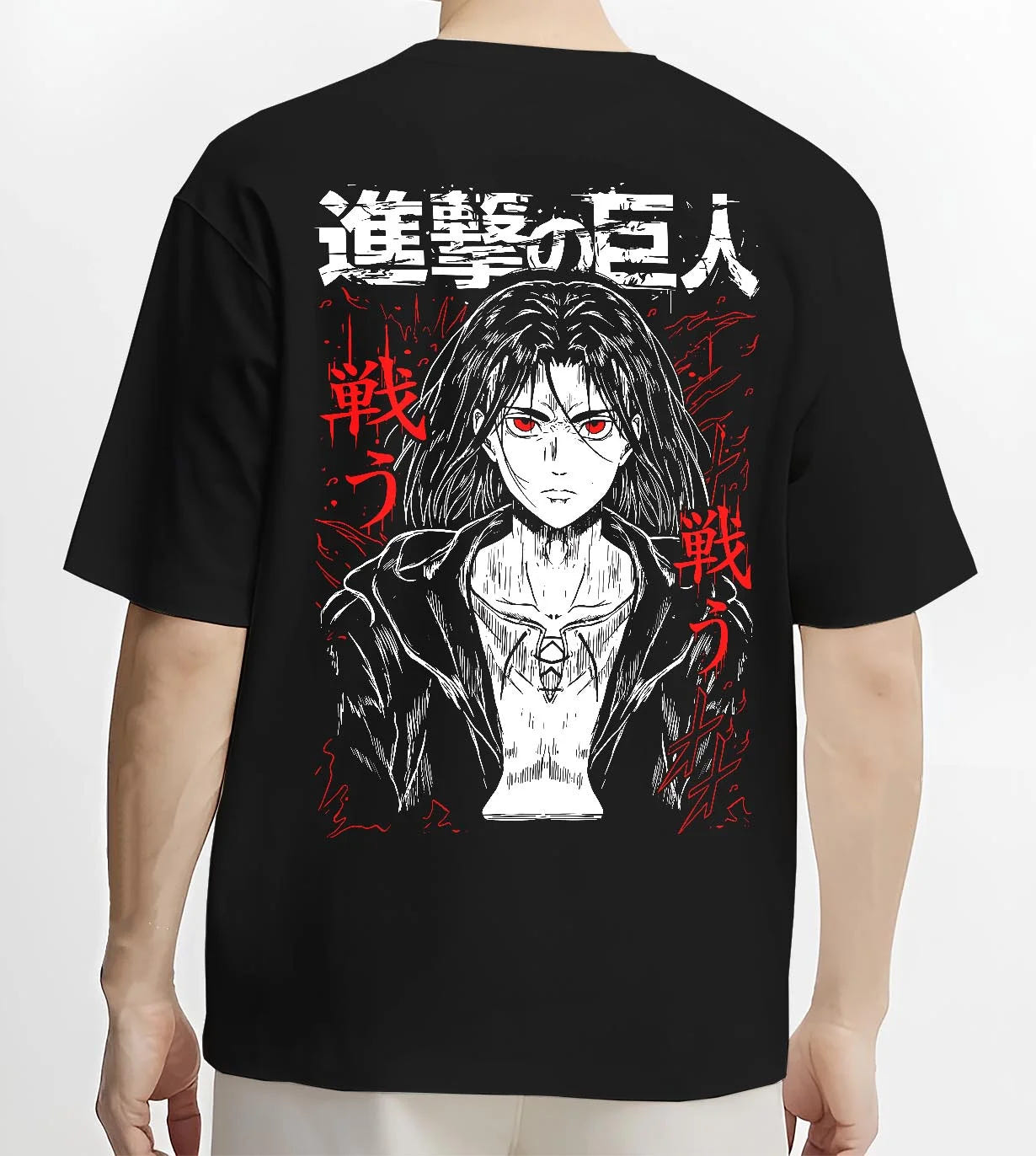 Black T-shirt worn by male model, back view with Eren Yeager Hoodie Attack on Titan War Cry Panel Print graphic bold anime graphic.