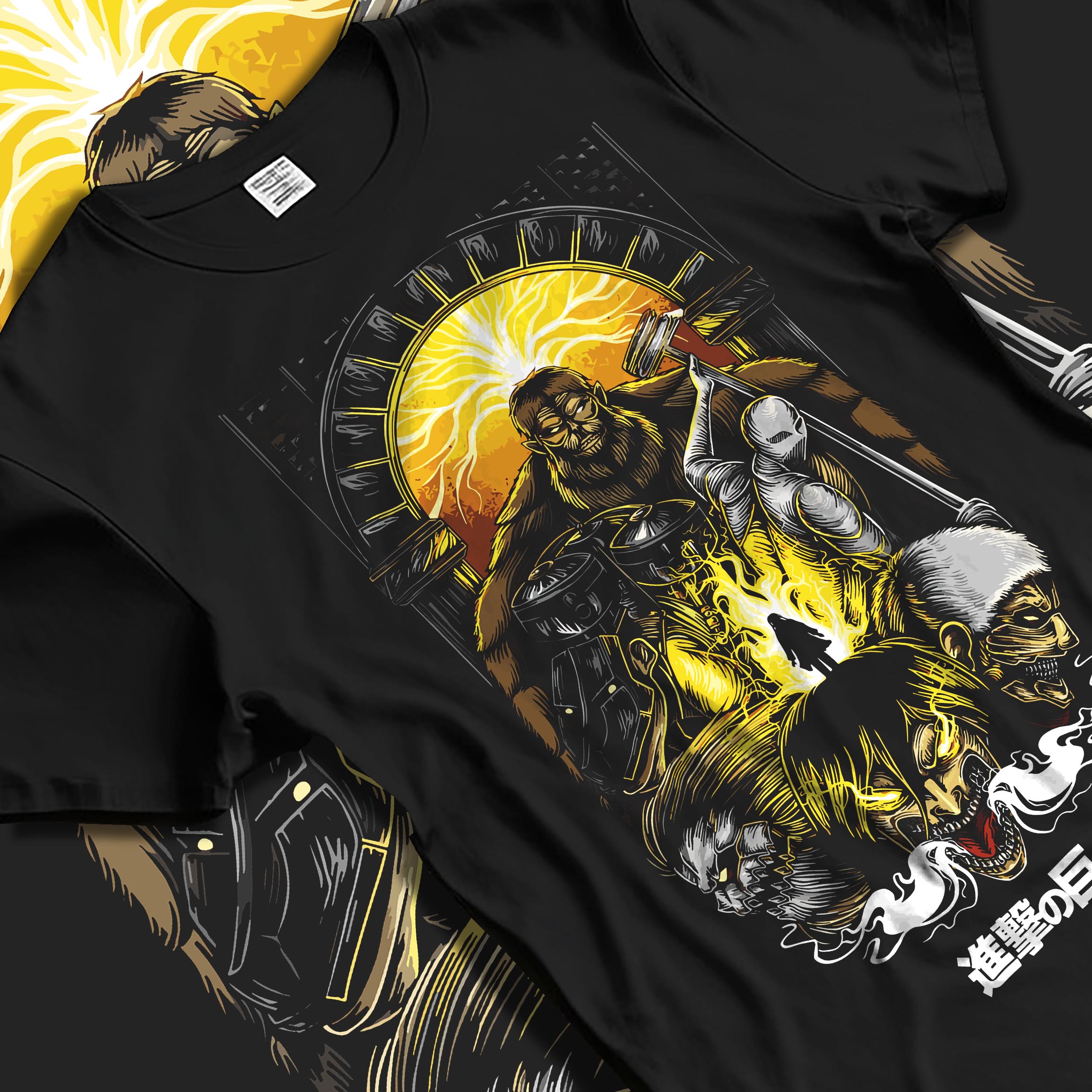 Black T-shirt laid flat with natural fabric folds, featuring Attack on Titan Japanese animation streetwear graphic in dark manga panel artwork with apocalyptic poster style.