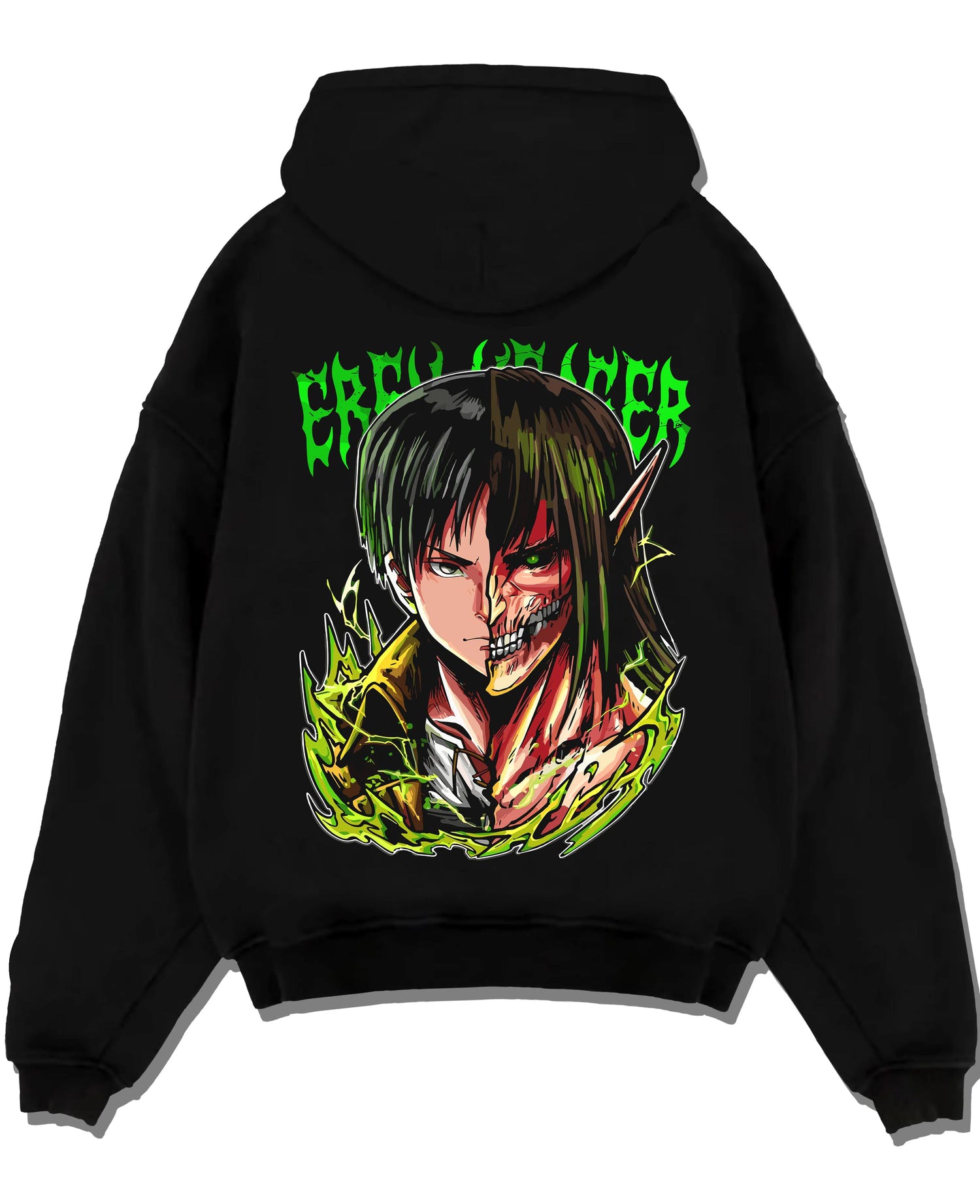 Black pullover hoodie laid flat with Eren Yeager Hoodie Attack on Titan Half Titan Portrait graphic streetwear graphic.