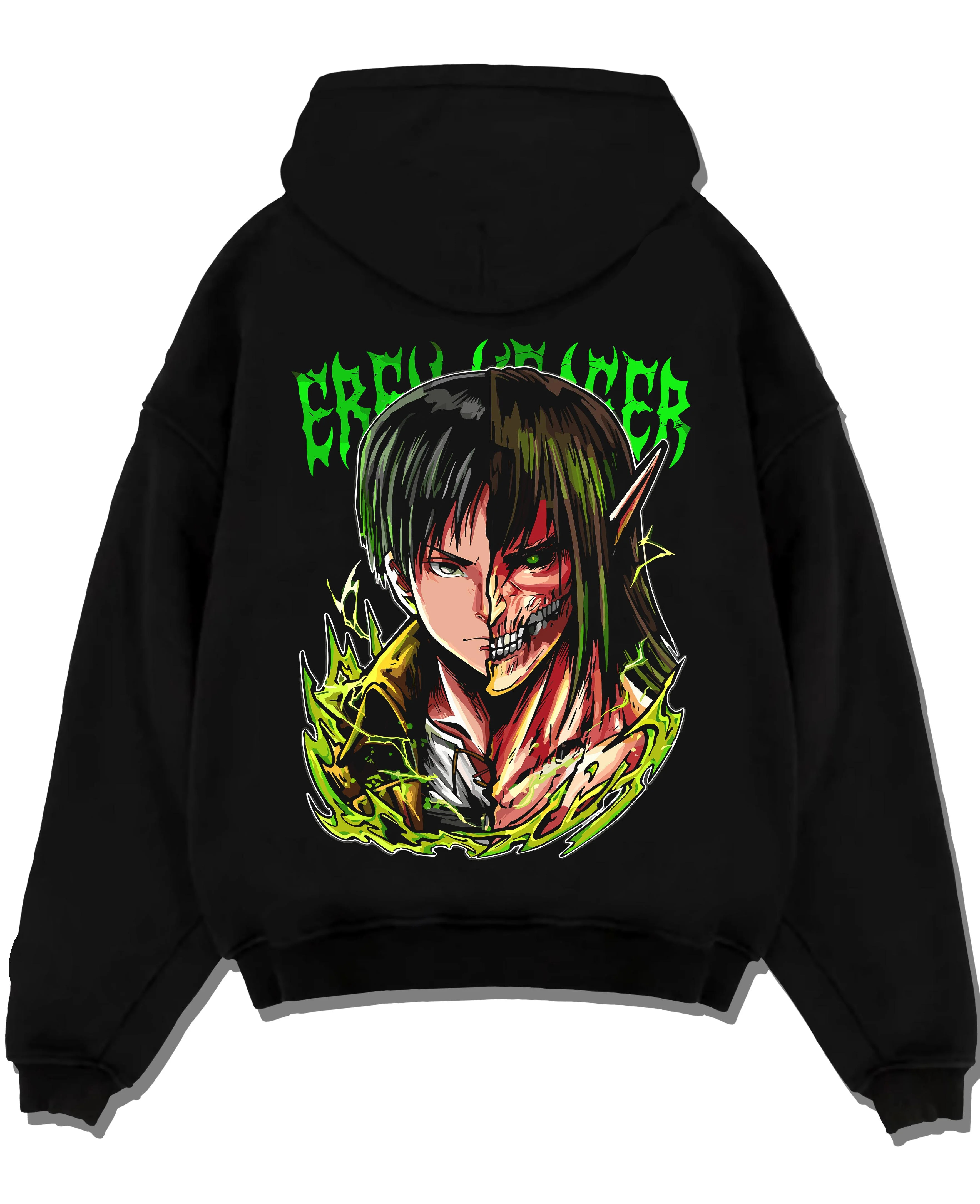 Black pullover hoodie laid flat with Eren Yeager Hoodie Attack on Titan Half Titan Portrait graphic streetwear graphic.
