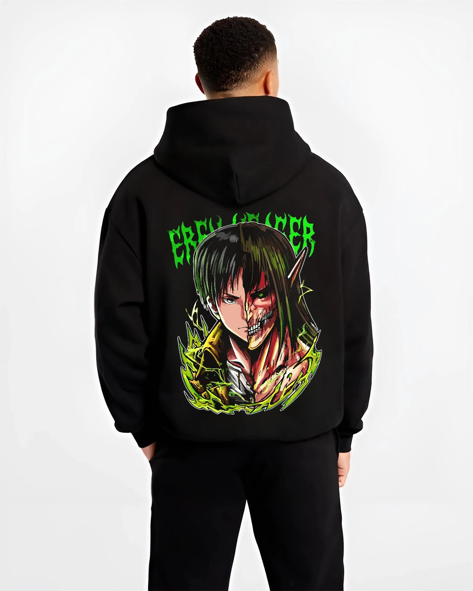Black hoodie worn by male model, back view with Eren Yeager Hoodie Attack on Titan Half Titan Portrait graphic streetwear graphic.