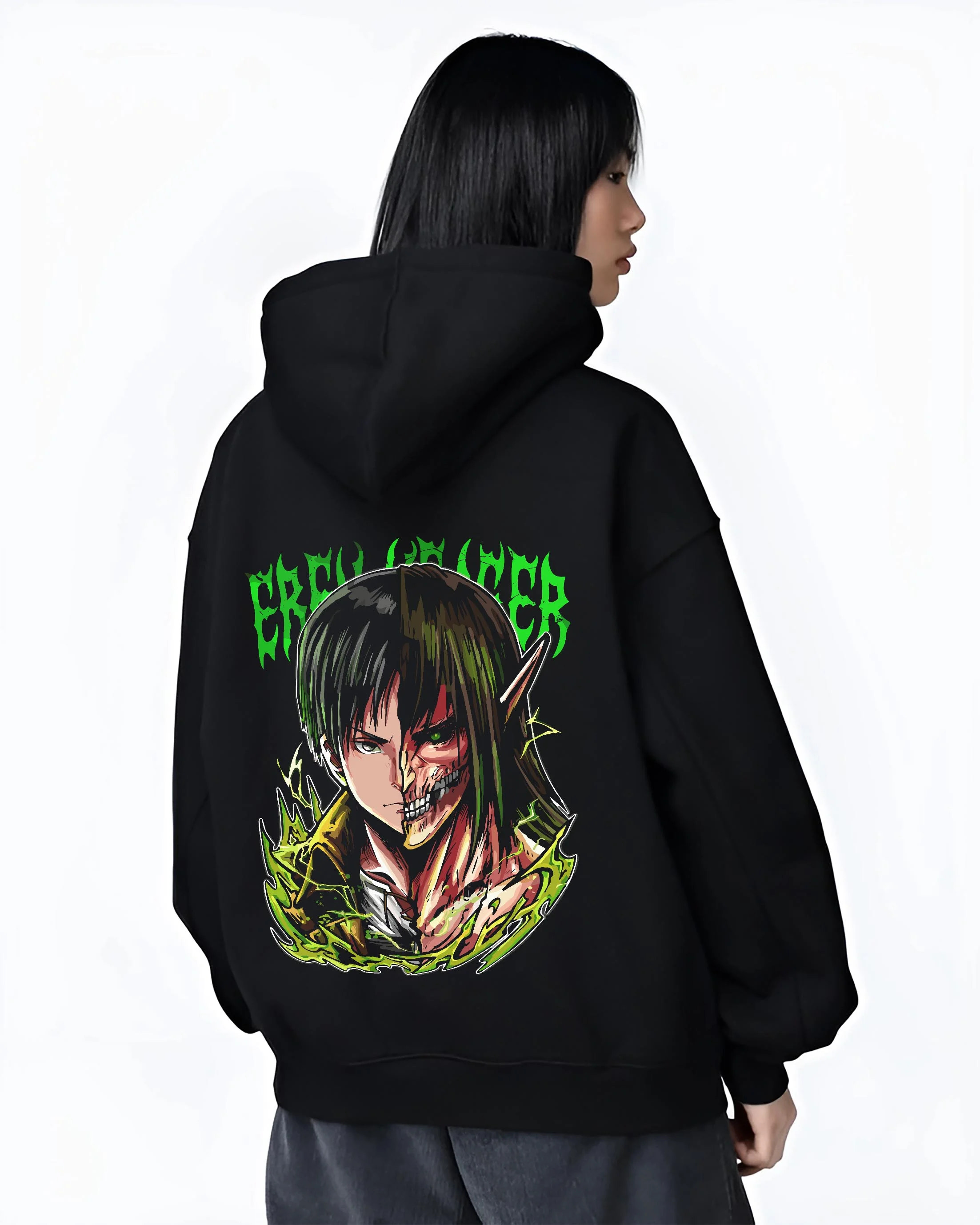 Black hoodie worn by female model, back view with Eren Yeager Hoodie Attack on Titan Half Titan Portrait graphic premium wear.