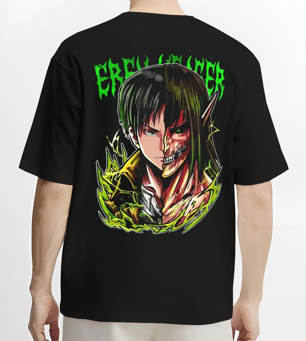 Black T-shirt worn by male model, back view with Eren Yeager Hoodie Attack on Titan Half Titan Portrait graphic streetwear graphic.