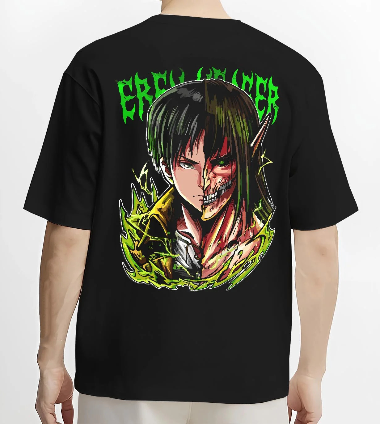 Black T-shirt worn by male model, back view with Eren Yeager Hoodie Attack on Titan Half Titan Portrait graphic streetwear graphic.