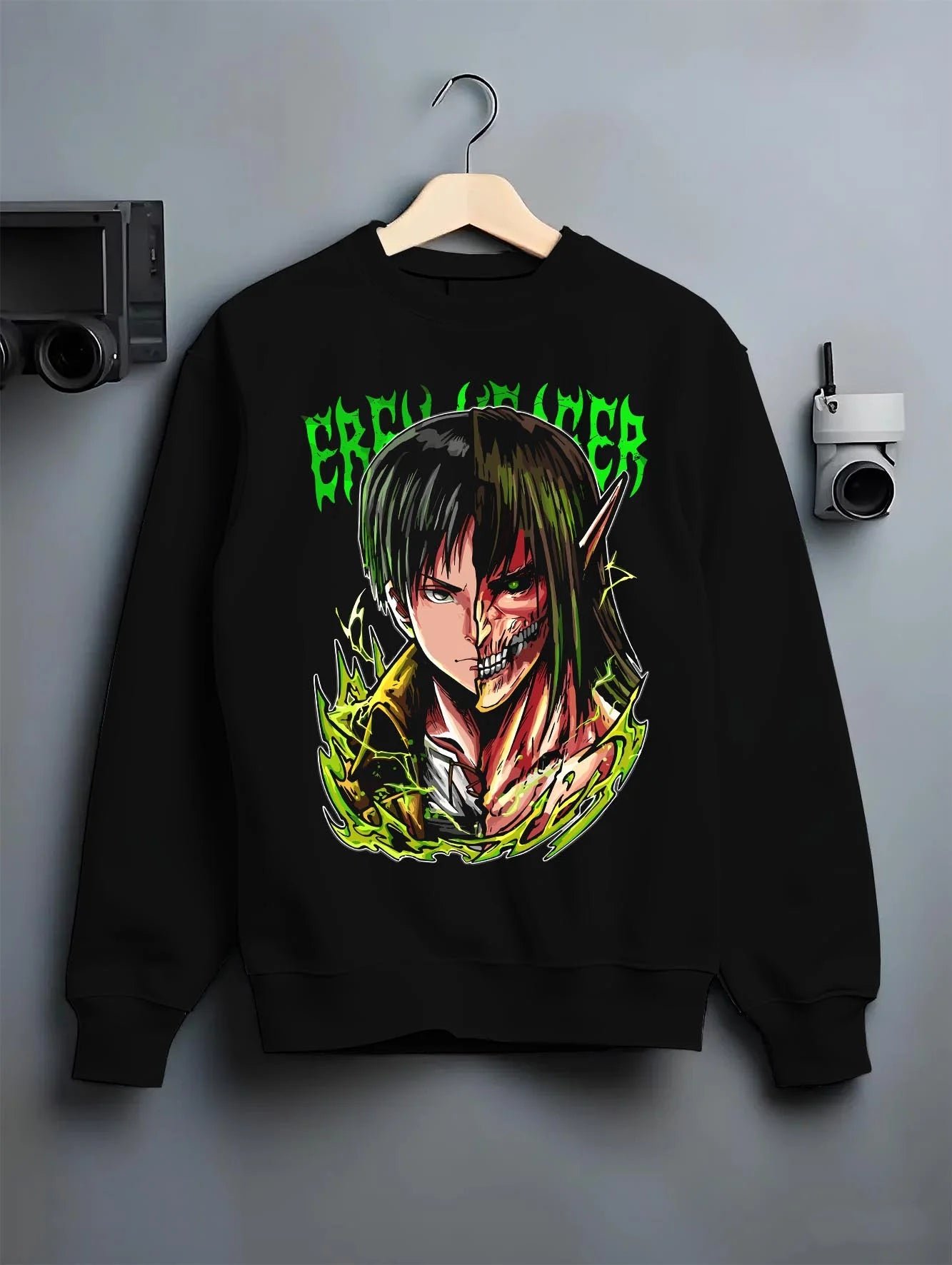 Black crewneck sweatshirt on hanger with Eren Yeager Hoodie Attack on Titan Half Titan Portrait graphic premium wear.