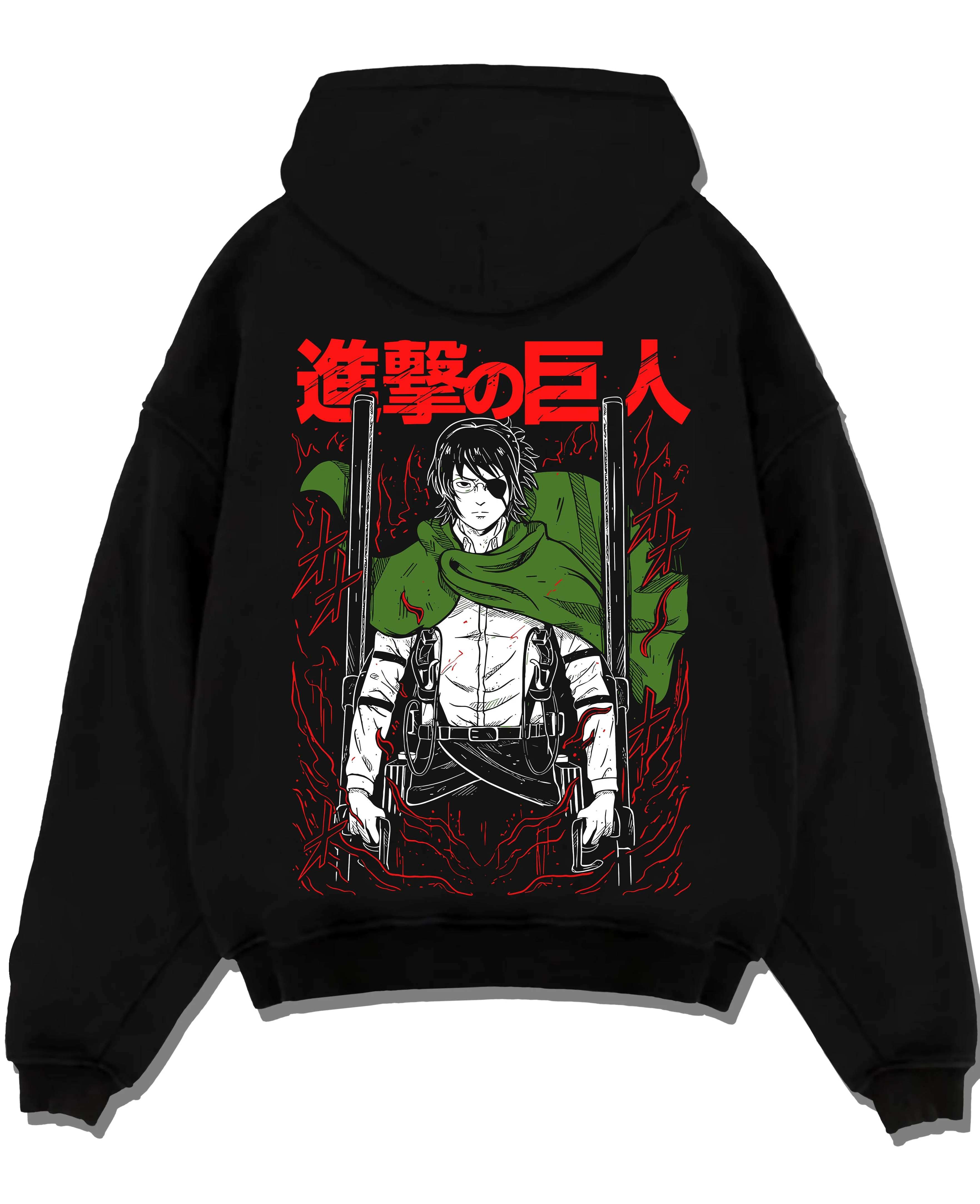 Black pullover hoodie laid flat with Levi Ackerman Hoodie Attack on Titan Captain Blade Pose graphic premium wear.