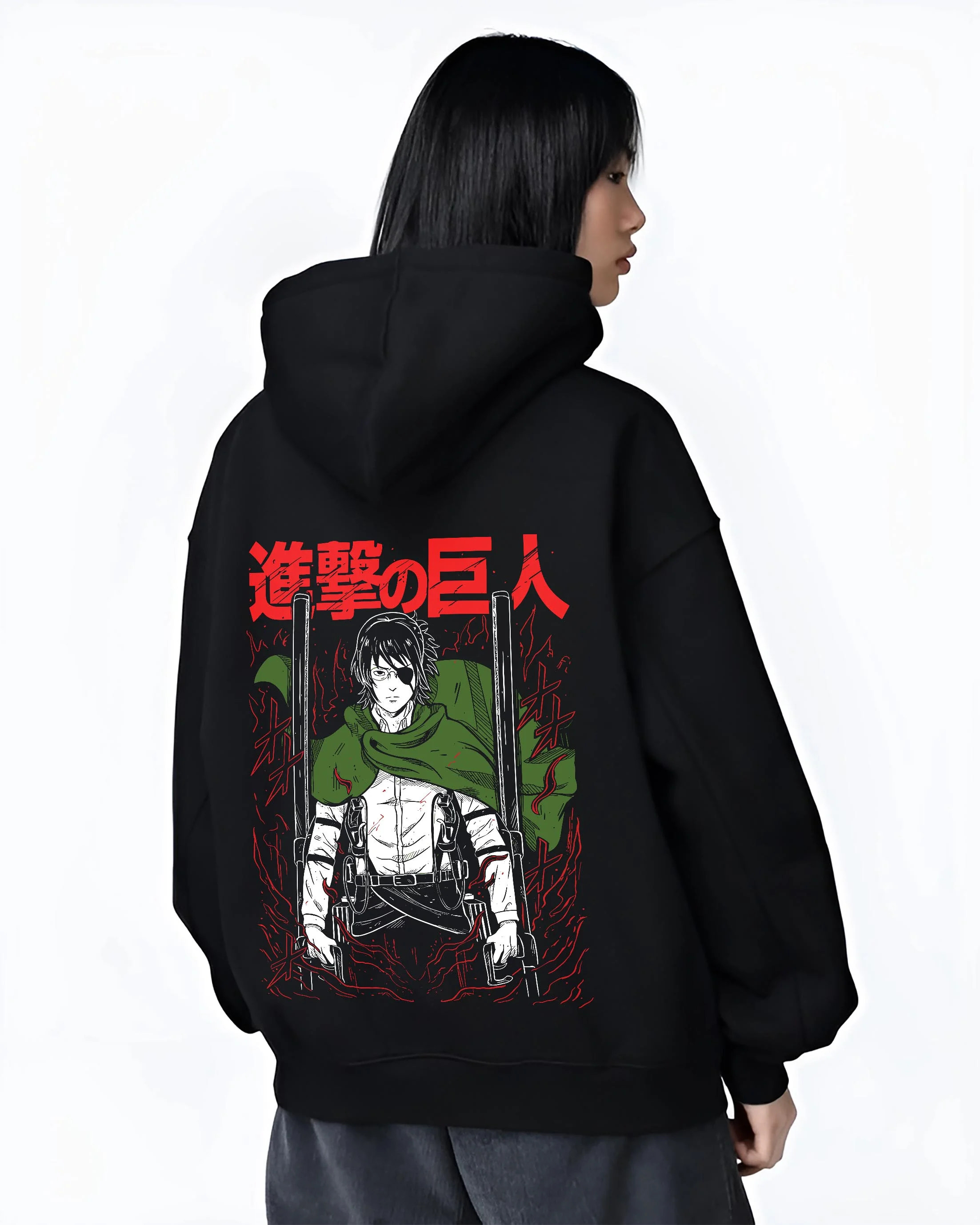 Black hoodie worn by female model, back view with Levi Ackerman Hoodie Attack on Titan Captain Blade Pose graphic premium wear.