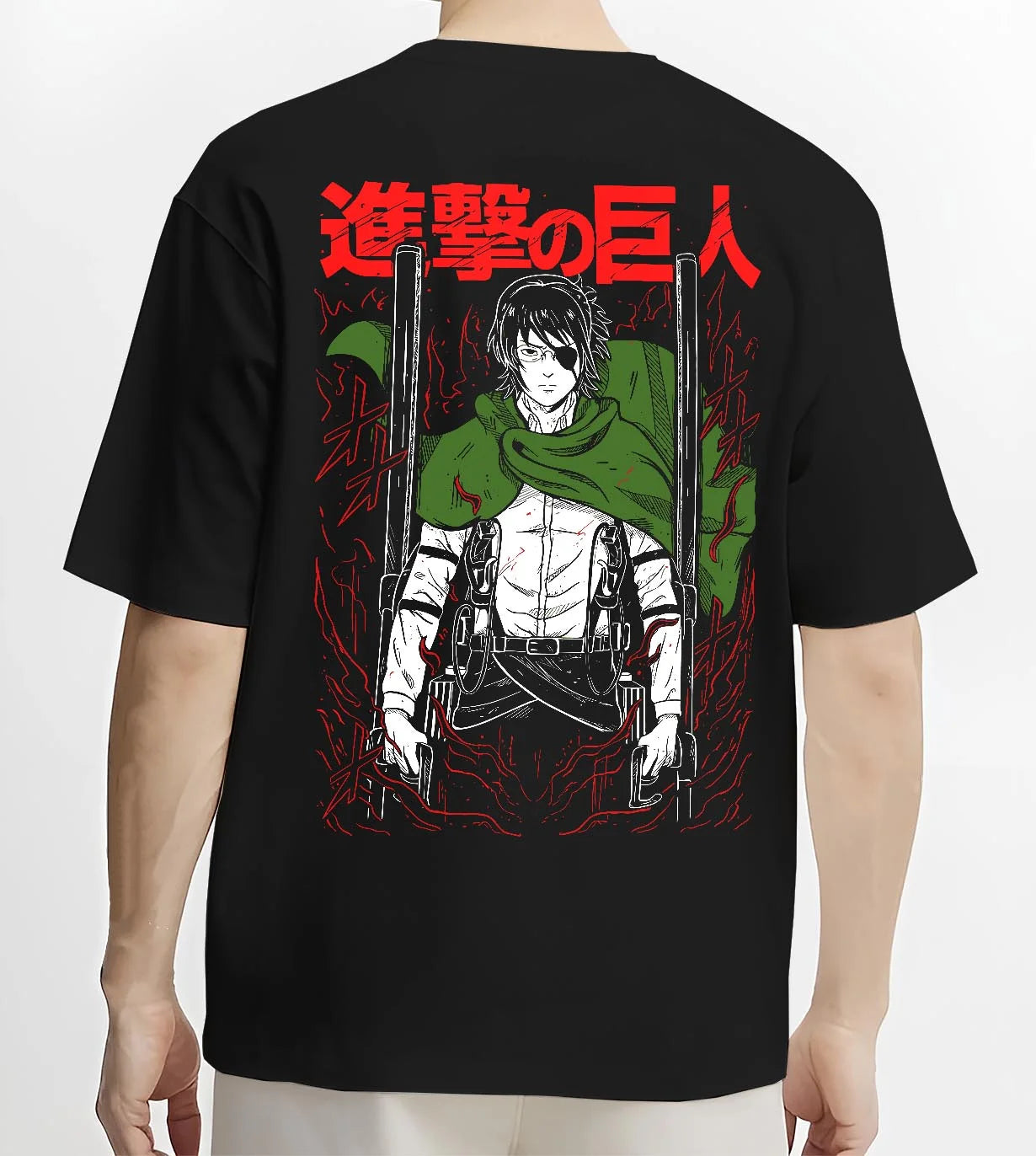 Black T-shirt worn by male model, back view with Levi Ackerman Hoodie Attack on Titan Captain Blade Pose graphic streetwear graphic.