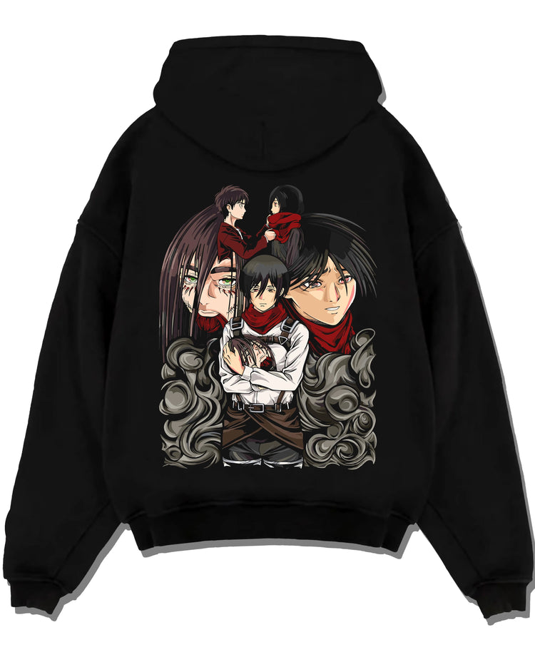 Black pullover hoodie laid flat with Survey Corps Hoodie Attack on Titan Team Panel Poster graphic premium wear.