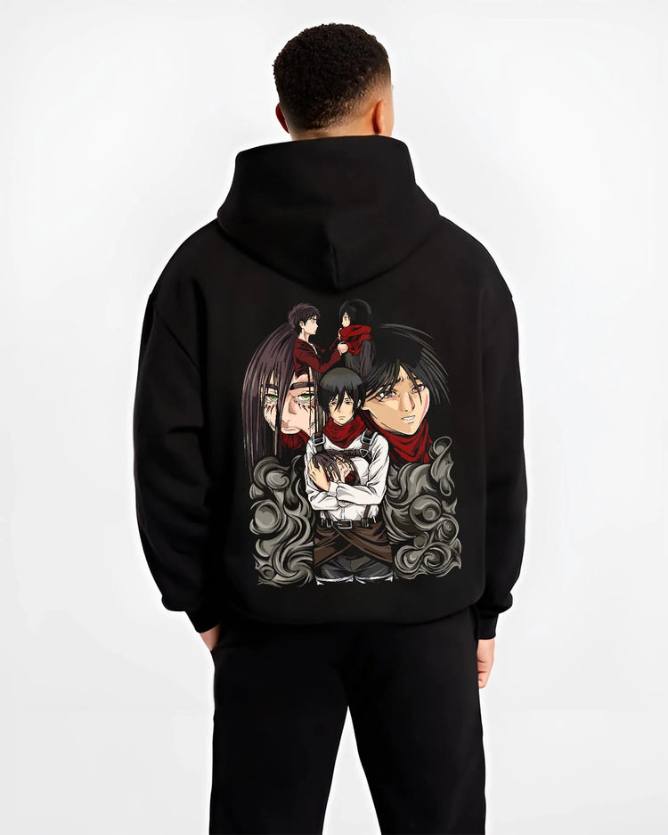 Black hoodie worn by male model, back view with Survey Corps Hoodie Attack on Titan Team Panel Poster graphic bold anime graphic.