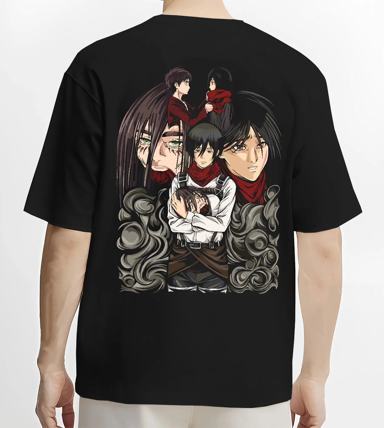 Black T-shirt worn by male model, back view with Survey Corps Hoodie Attack on Titan Team Panel Poster graphic streetwear graphic.
