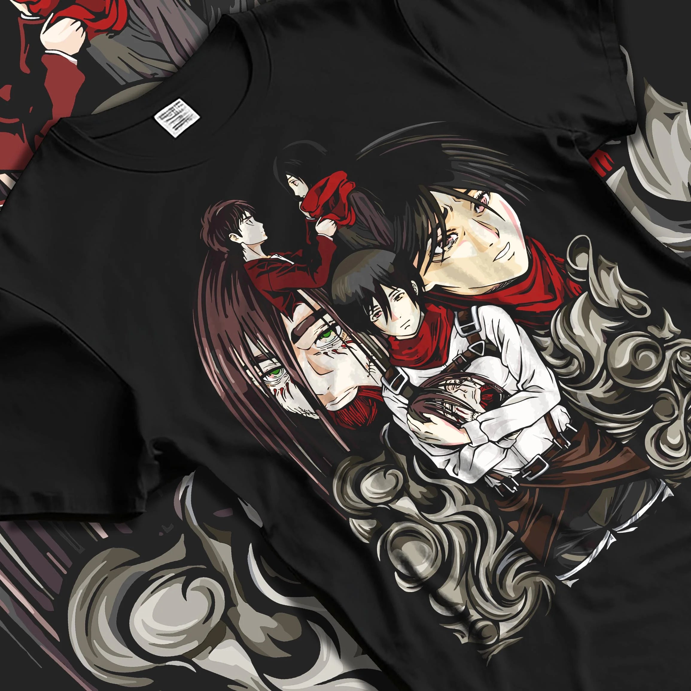 Black T-shirt laid flat with natural folds with Survey Corps Hoodie Attack on Titan Team Panel Poster graphic bold anime graphic.