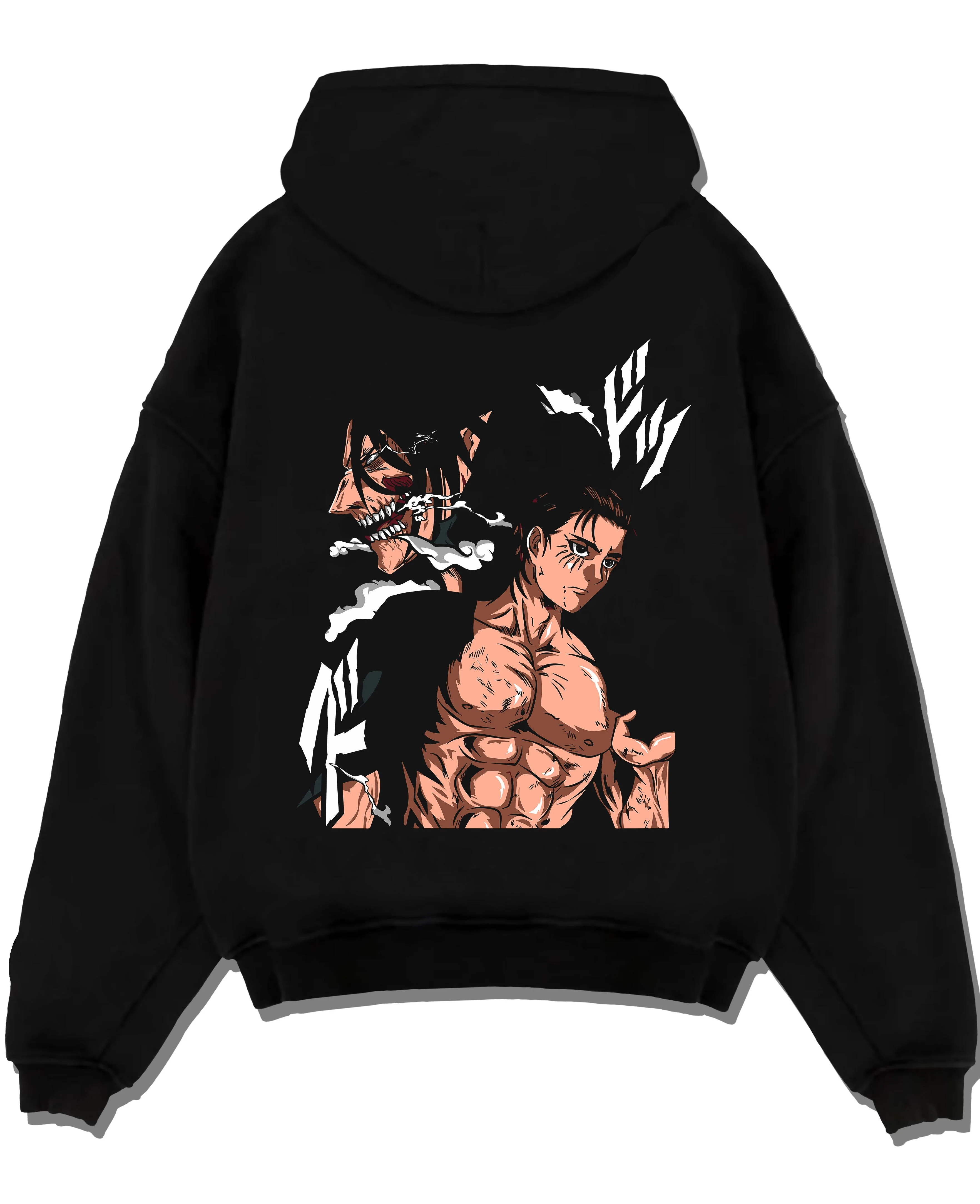 Black pullover hoodie laid flat with Eren Yeager Hoodie Attack on Titan Shifter Titan Power graphic streetwear graphic.