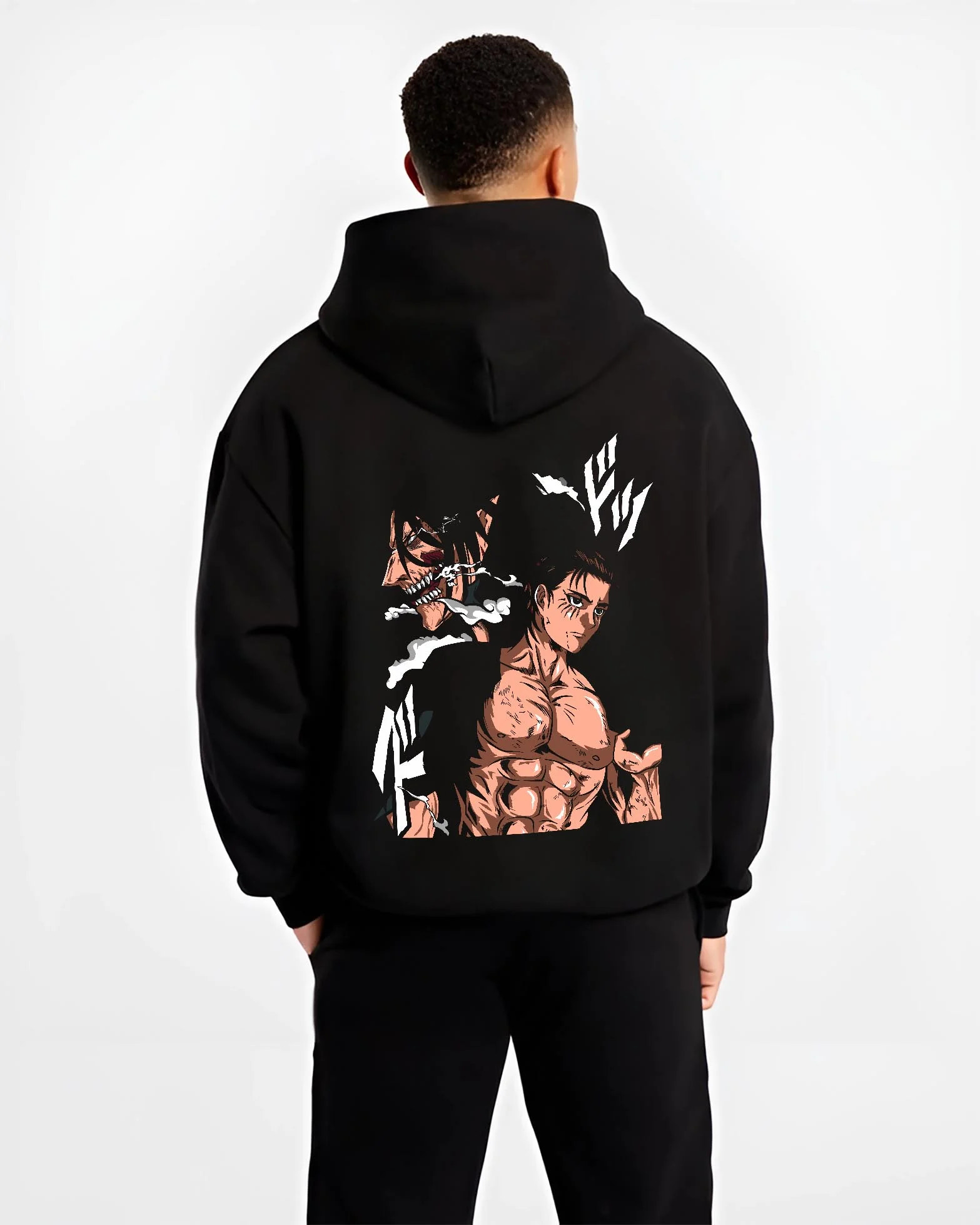 Black hoodie worn by male model, back view with Eren Yeager Hoodie Attack on Titan Shifter Titan Power graphic bold anime graphic.