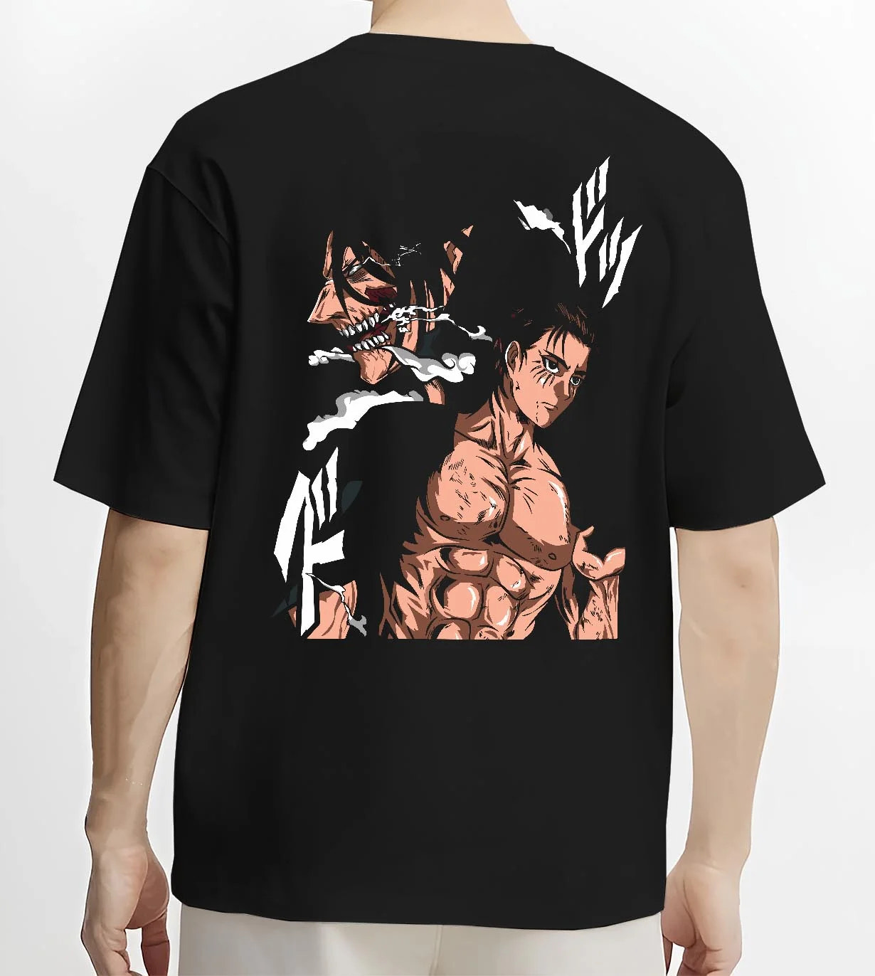 Black T-shirt worn by male model, back view with Eren Yeager Hoodie Attack on Titan Shifter Titan Power graphic premium wear.