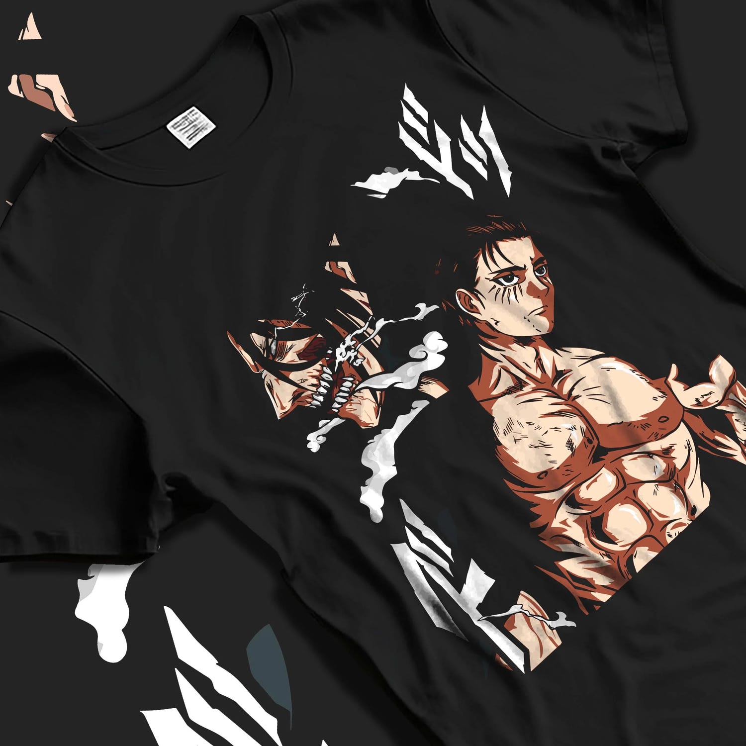 Black T-shirt laid flat with natural folds with Eren Yeager Hoodie Attack on Titan Shifter Titan Power graphic streetwear graphic.