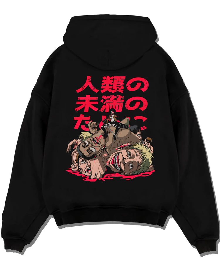 Black pullover hoodie laid flat with Eren Founding Titan Hoodie Attack on Titan Sky Control graphic premium wear.