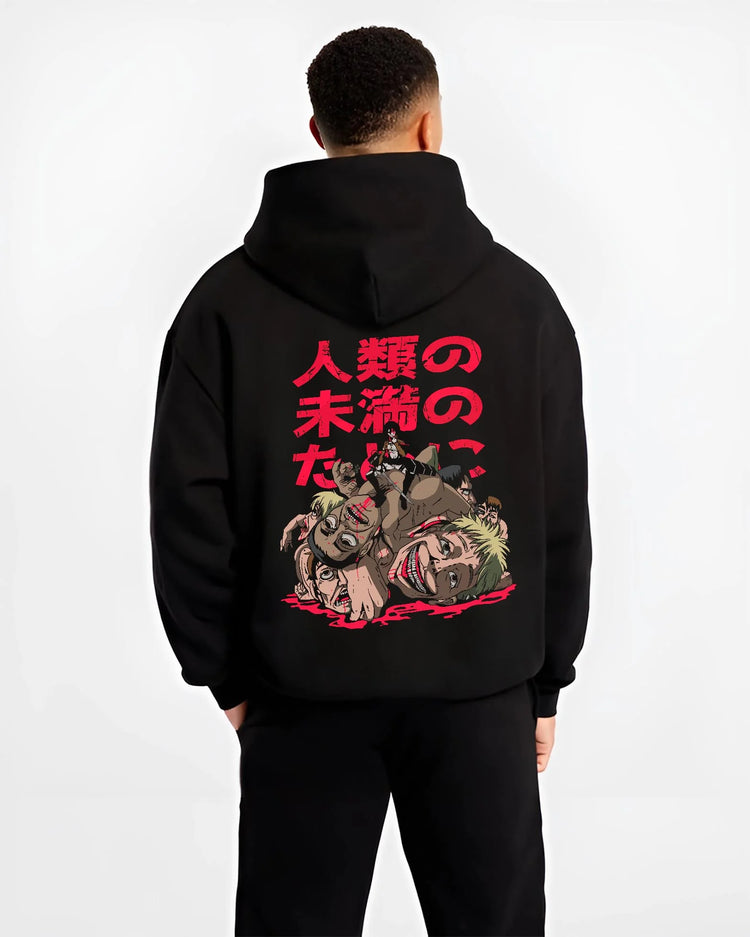 Black hoodie worn by male model, back view with Eren Founding Titan Hoodie Attack on Titan Sky Control graphic premium wear.