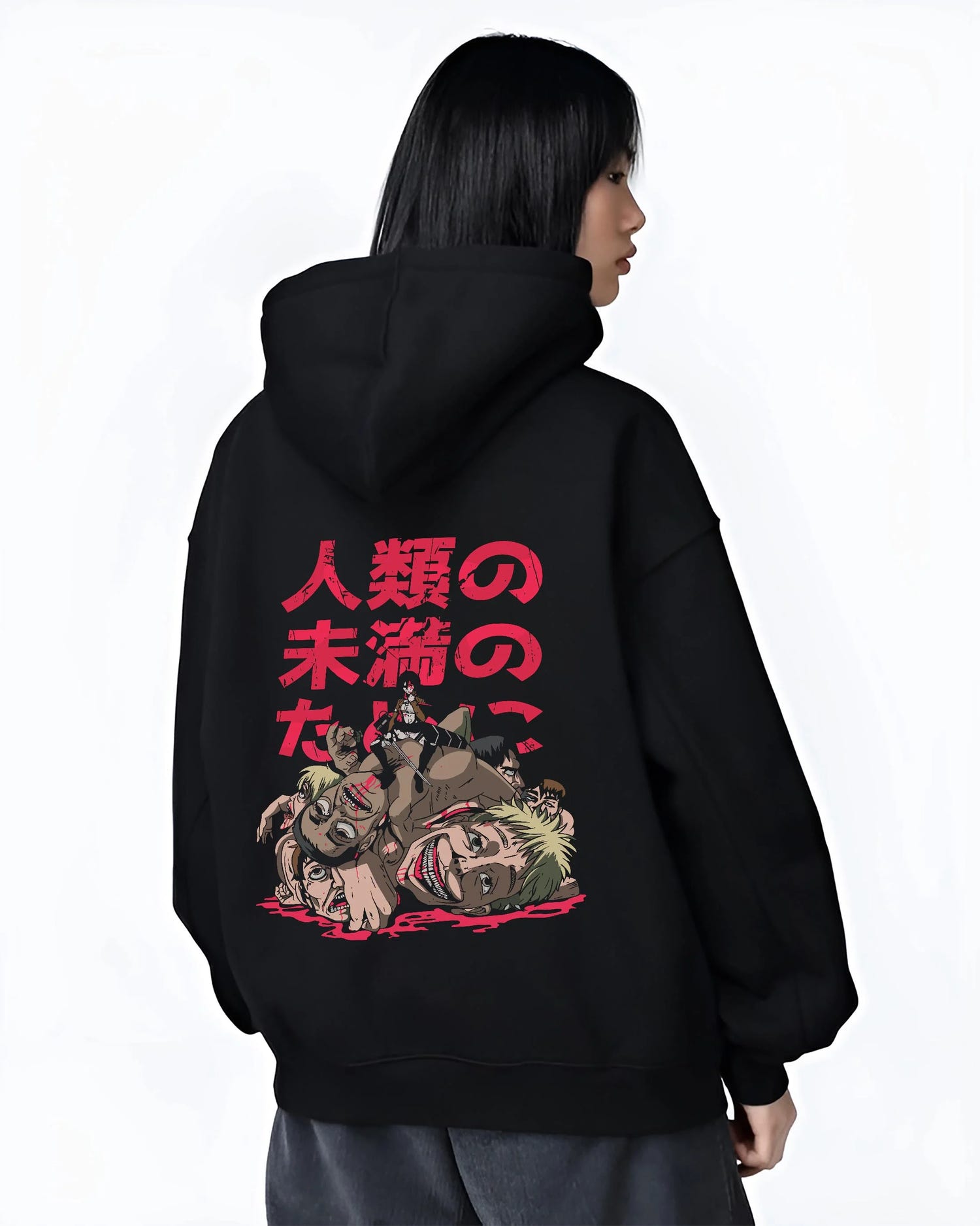 Black hoodie worn by female model, back view with Eren Founding Titan Hoodie Attack on Titan Sky Control graphic premium wear.