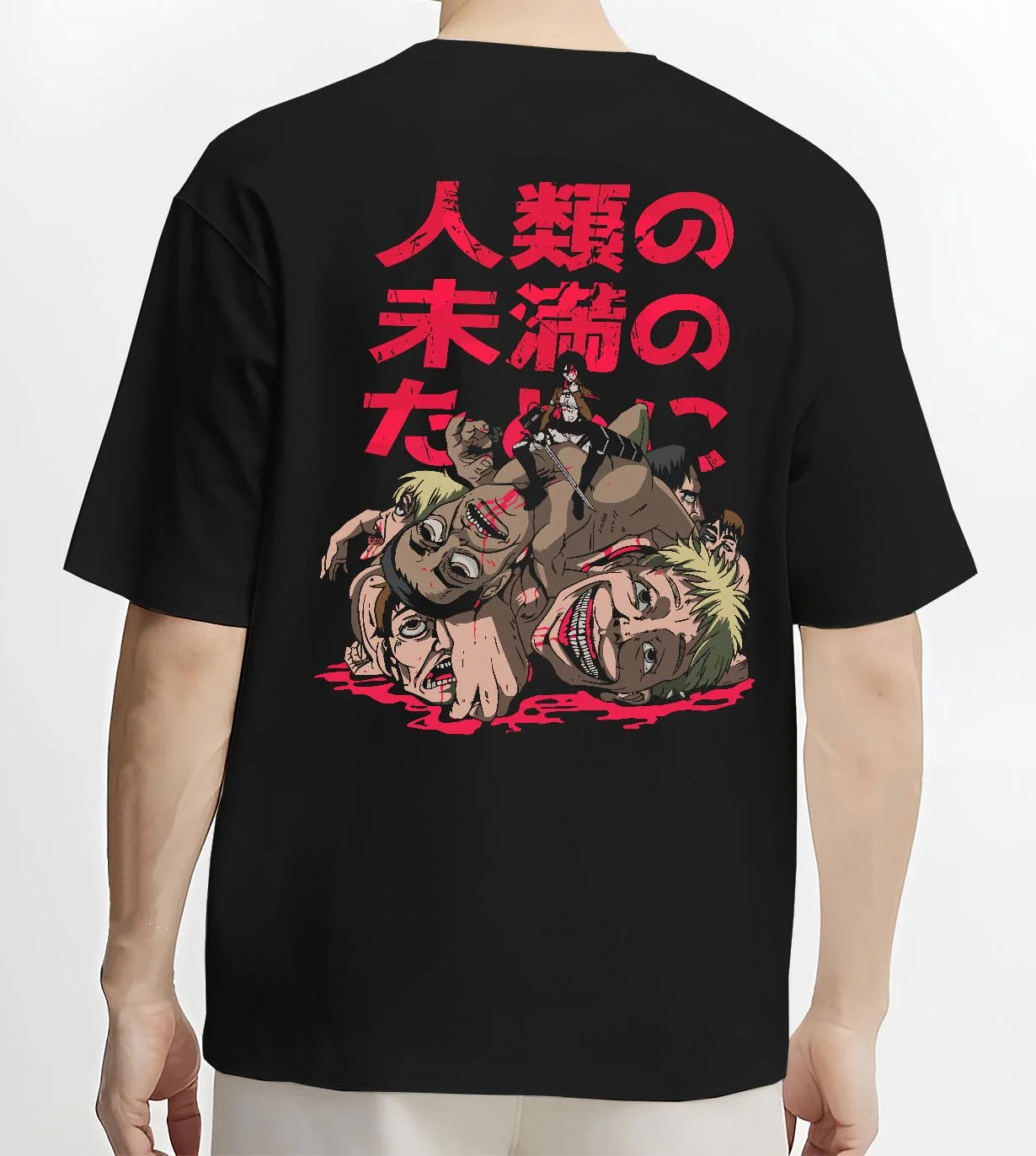 Black T-shirt worn by male model, back view with Eren Founding Titan Hoodie Attack on Titan Sky Control graphic streetwear graphic.