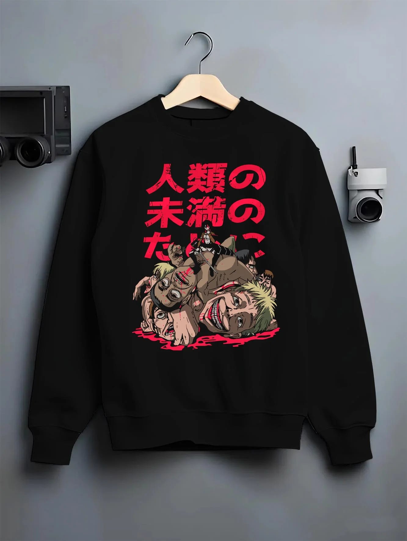 Black crewneck sweatshirt on hanger with Eren Founding Titan Hoodie Attack on Titan Sky Control graphic streetwear graphic.