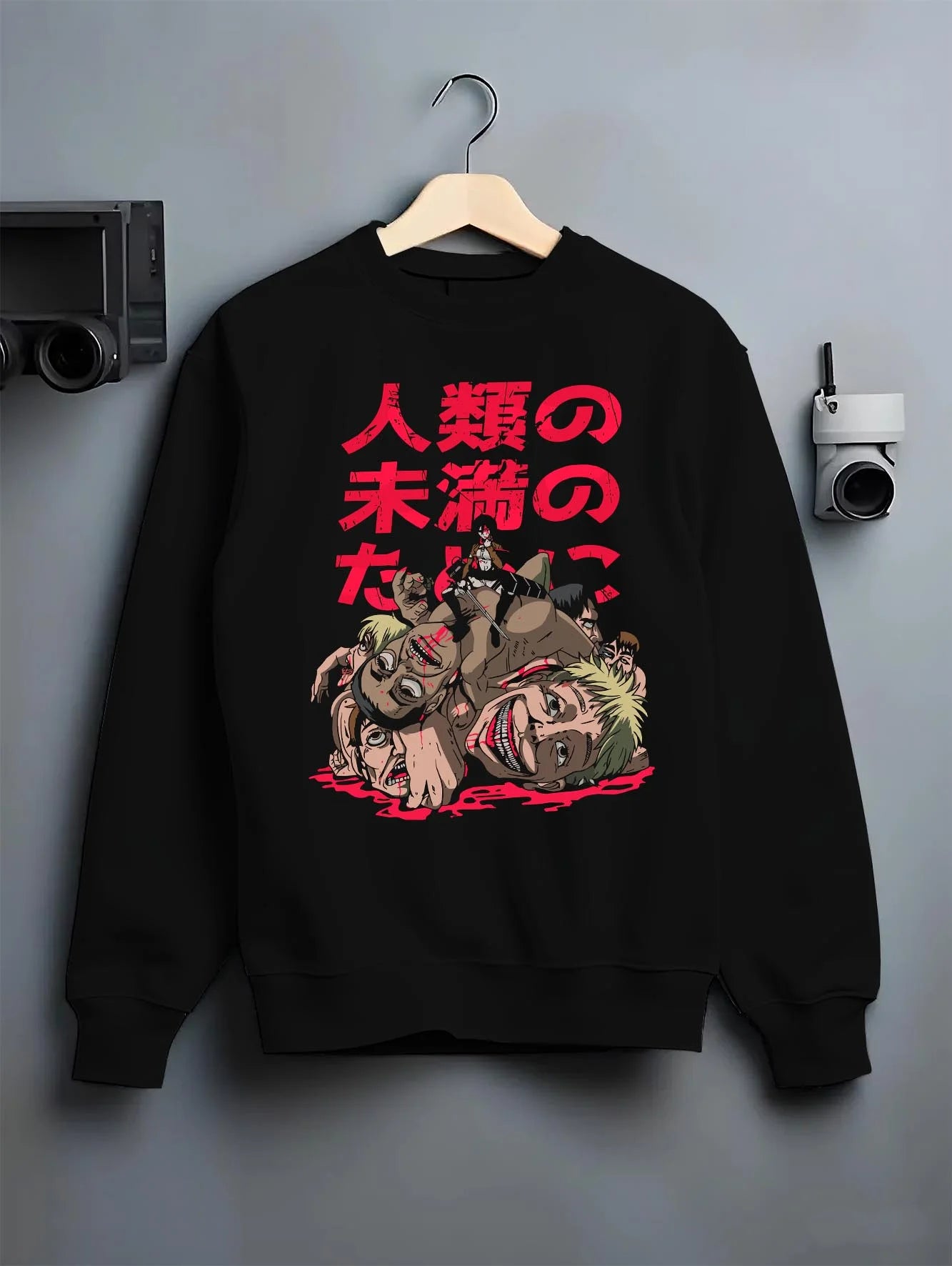 Black crewneck sweatshirt on hanger with Eren Founding Titan Hoodie Attack on Titan Sky Control graphic streetwear graphic.