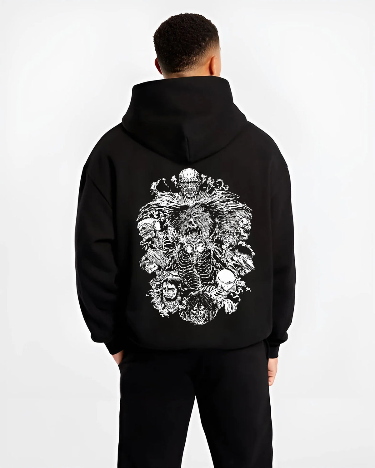 Black hoodie model back view showing Attack on Titan: Titans ensemble