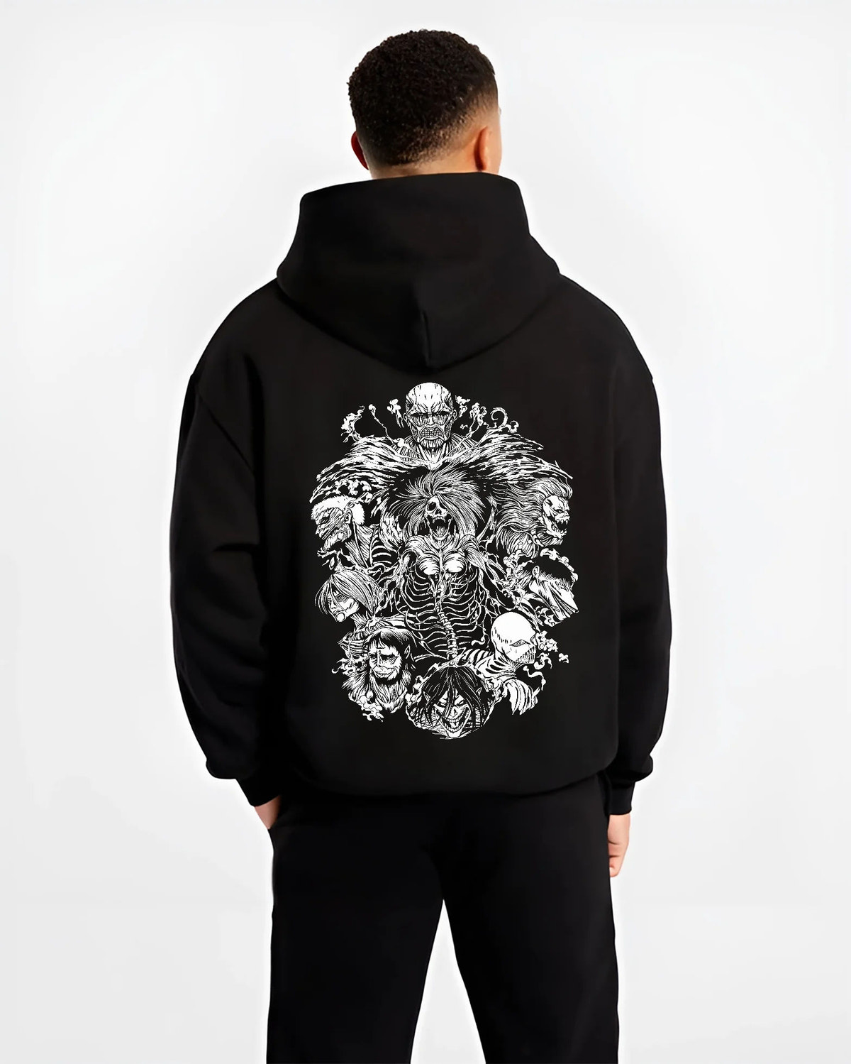 Black hoodie model back view showing Attack on Titan: Titans ensemble