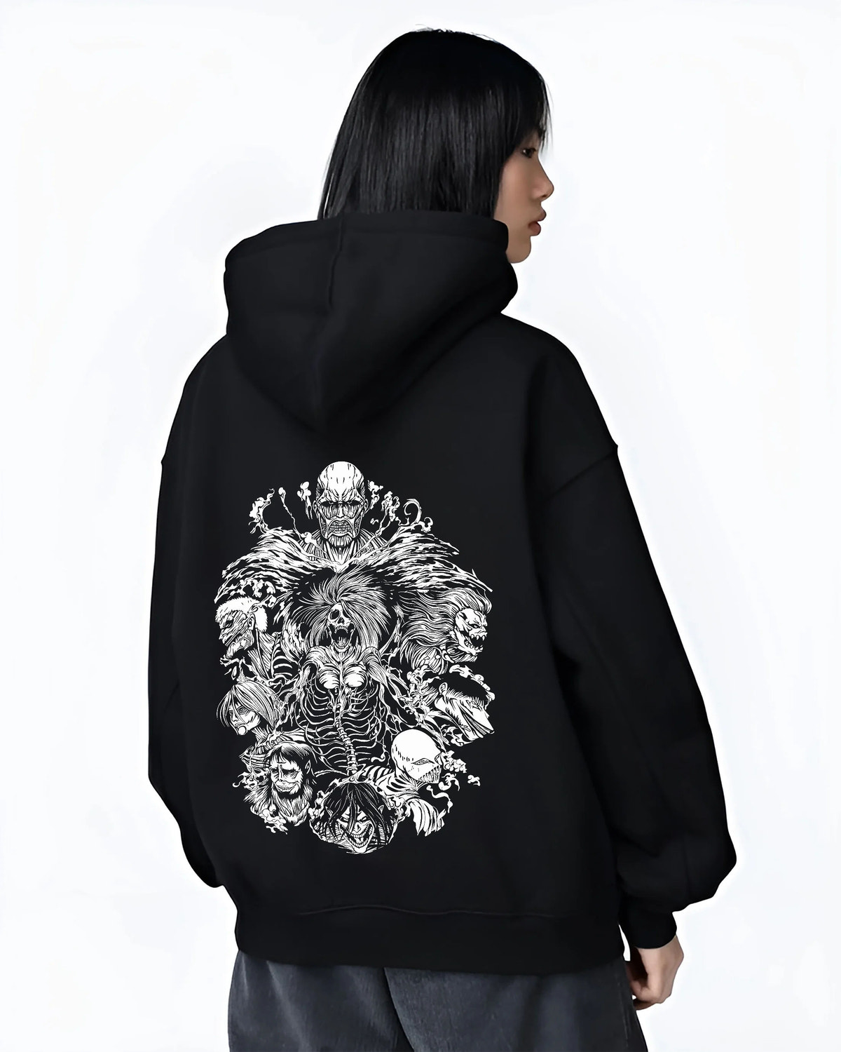 Black hoodie female model back view showing Attack on Titan: Titans ensemble