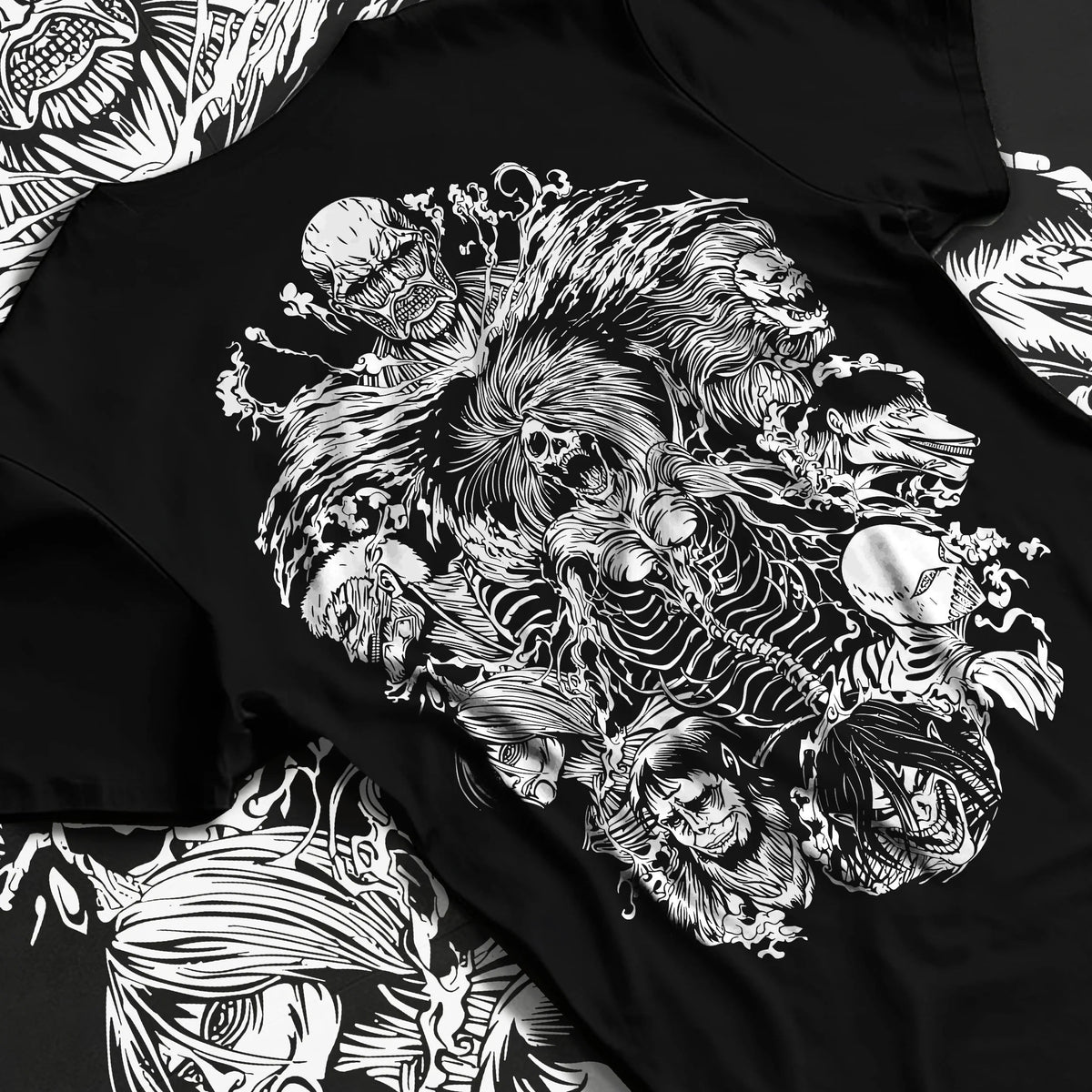 Black T-shirt flat back view showing Attack on Titan: Titans ensemble
