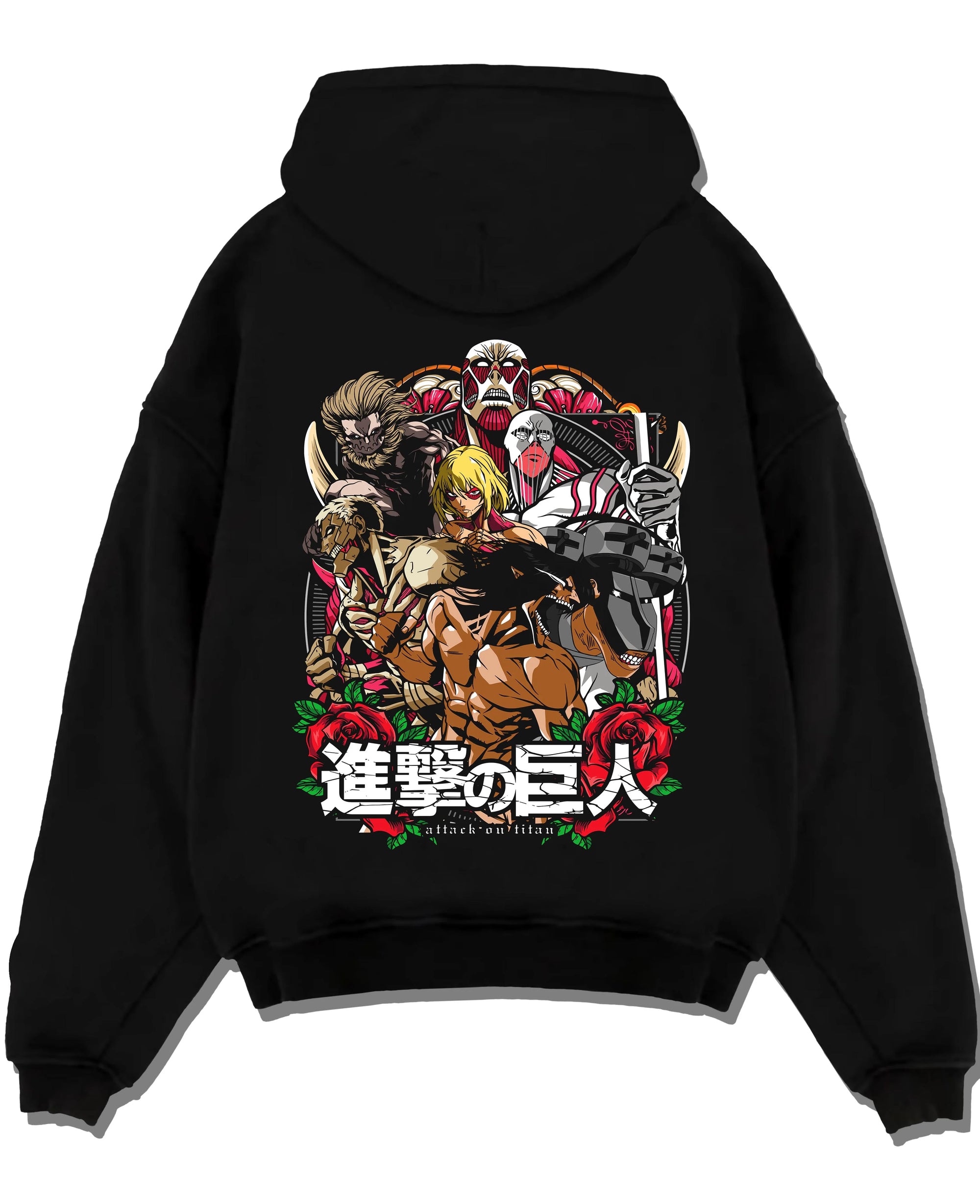 Black pullover hoodie laid flat with Titan War Hoodie Attack on Titan Final Season Poster graphic premium wear.