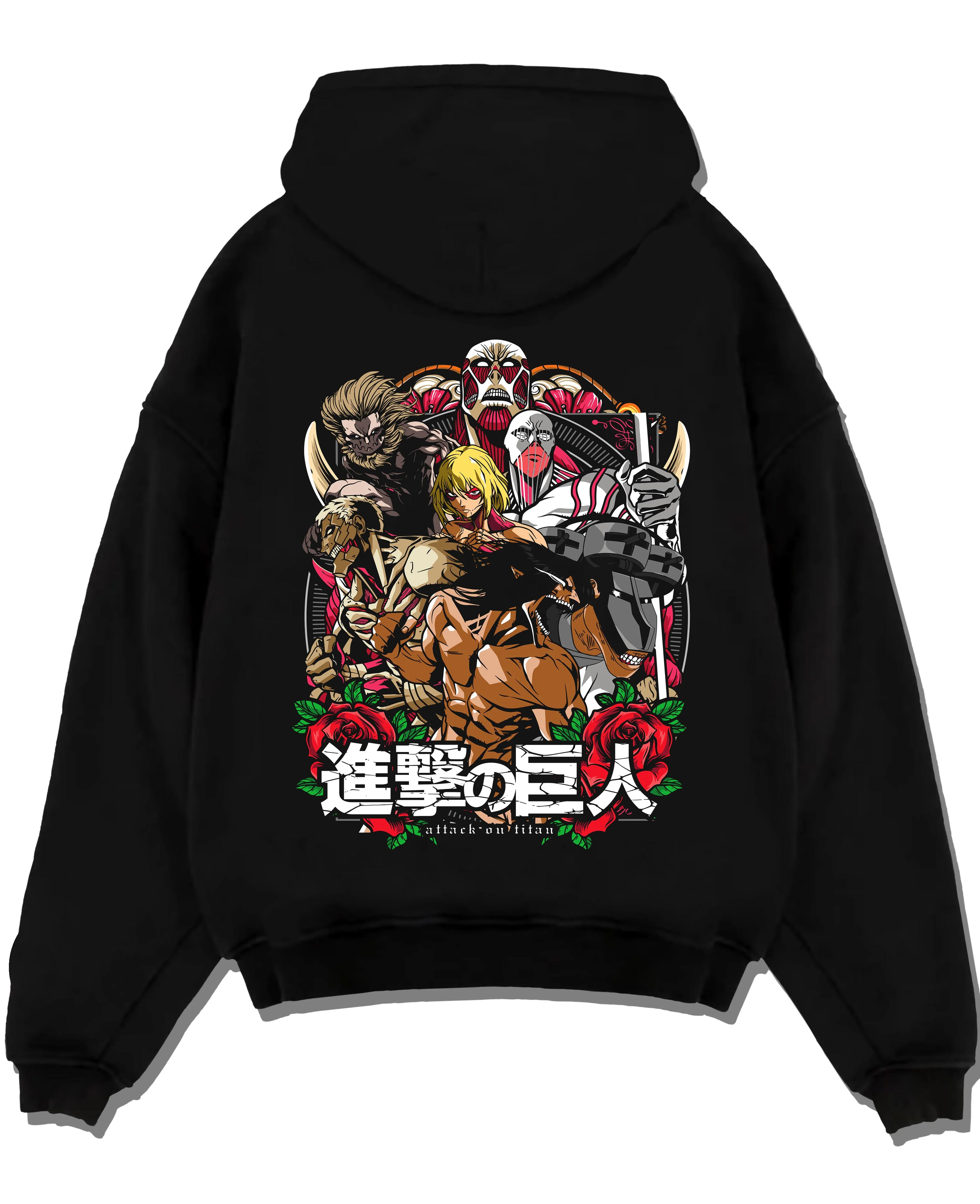 Black pullover hoodie laid flat with Titan War Hoodie Attack on Titan Final Season Poster graphic premium wear.