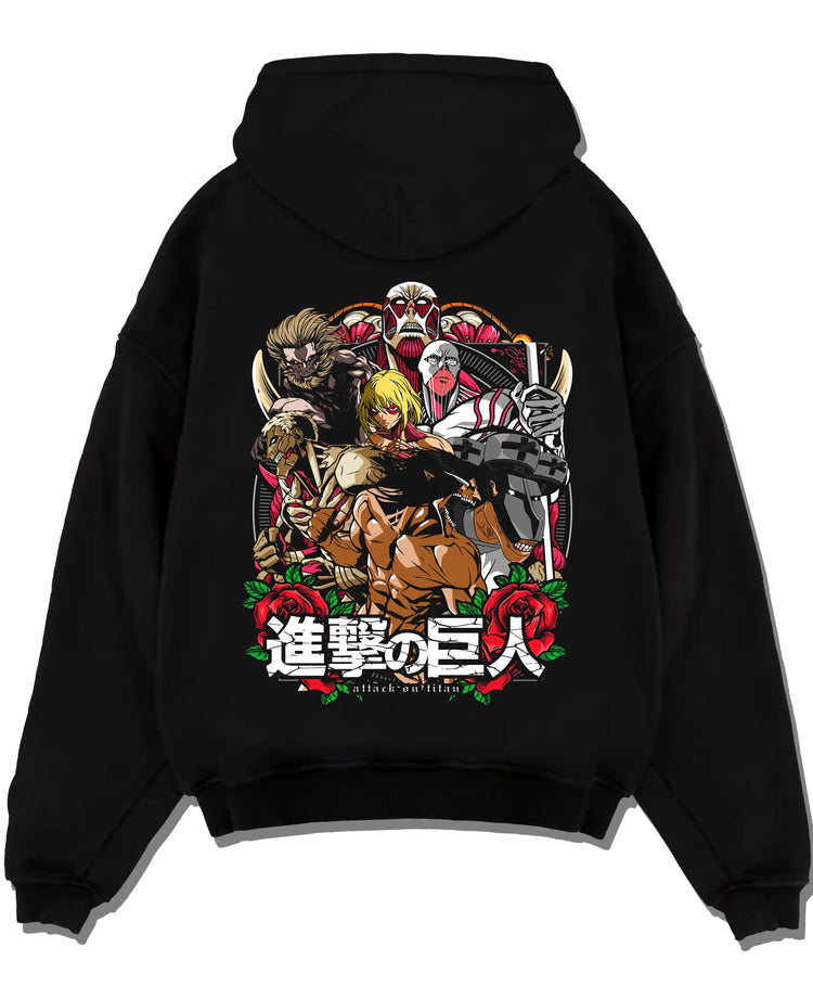 Black pullover hoodie laid flat with Titan War Hoodie Attack on Titan Final Season Poster graphic premium wear.