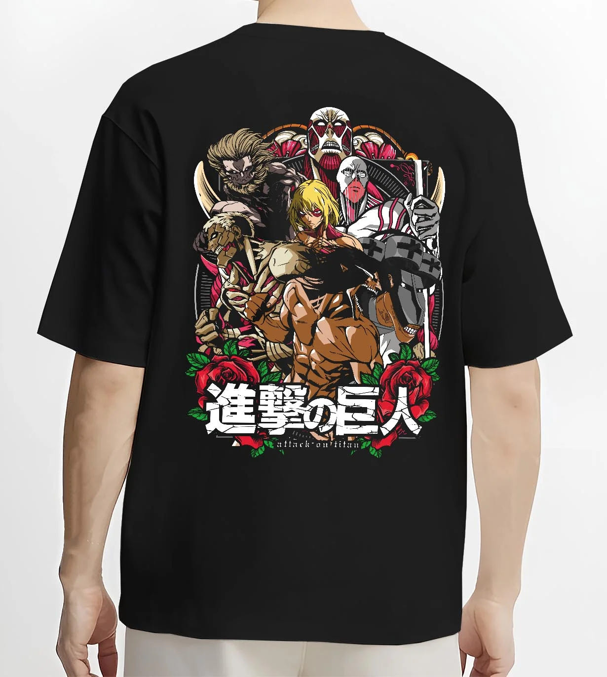 Black T-shirt worn by male model, back view with Titan War Hoodie Attack on Titan Final Season Poster graphic premium wear.
