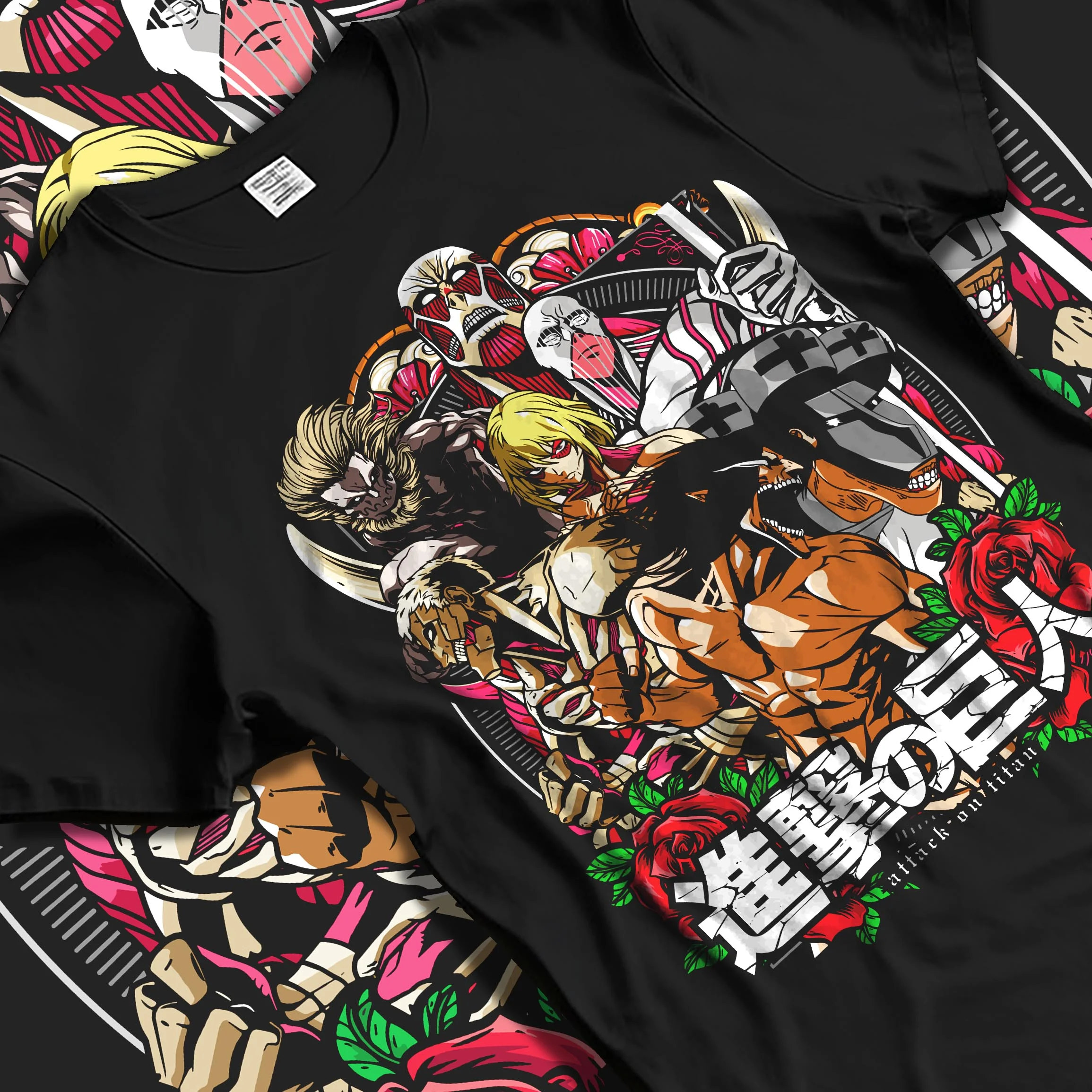 Black T-shirt laid flat with natural folds with Titan War Hoodie Attack on Titan Final Season Poster graphic bold anime graphic.