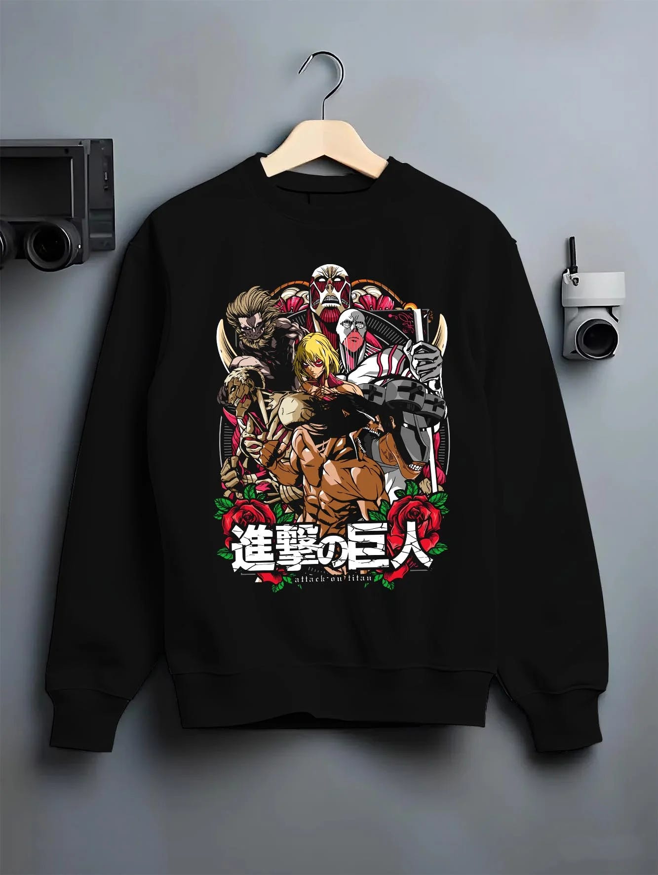 Black crewneck sweatshirt on hanger with Titan War Hoodie Attack on Titan Final Season Poster graphic bold anime graphic.
