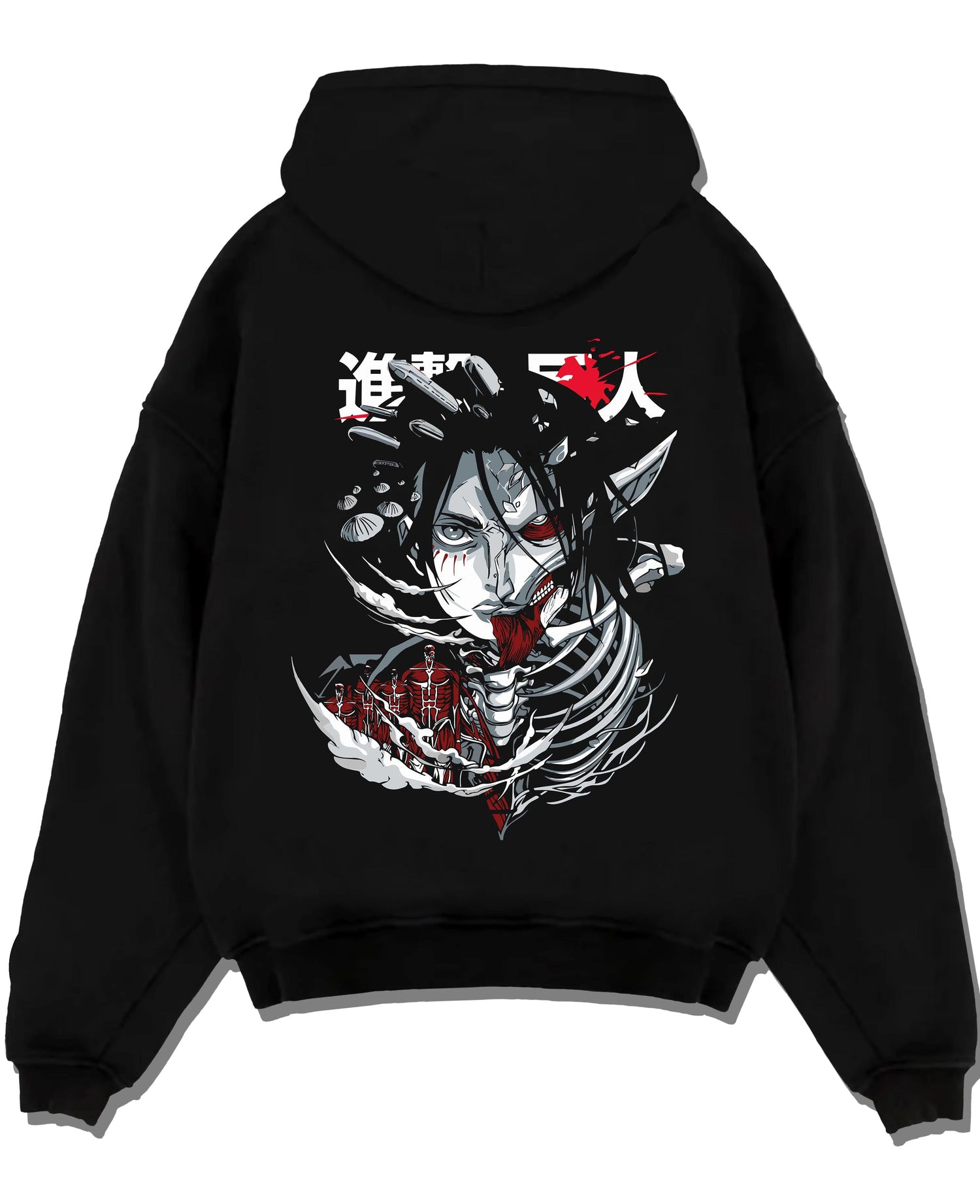Black pullover hoodie laid flat with Founding Titan Hoodie Attack on Titan Skull Face Panel graphic bold anime graphic.