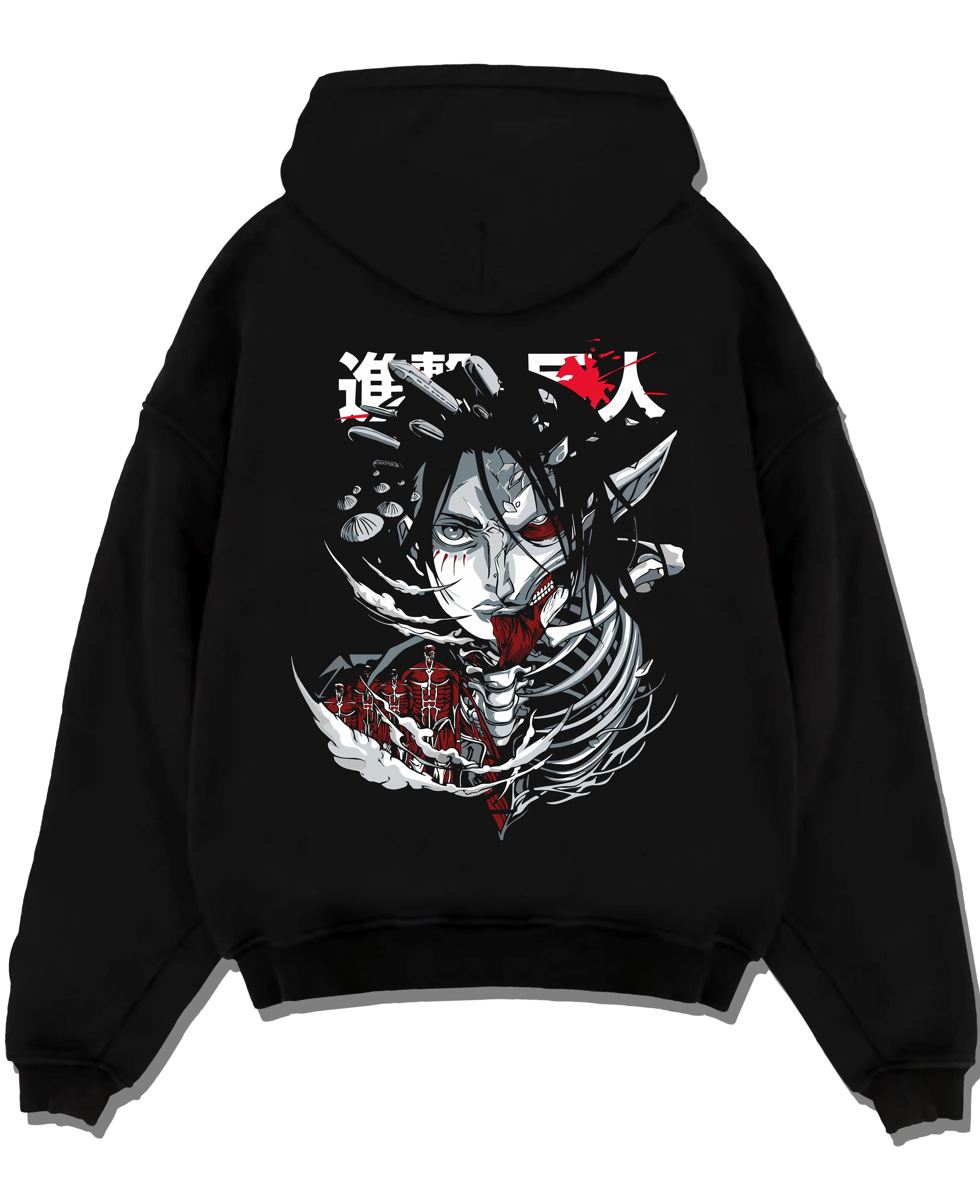 Black pullover hoodie laid flat with Founding Titan Hoodie Attack on Titan Skull Face Panel graphic bold anime graphic.