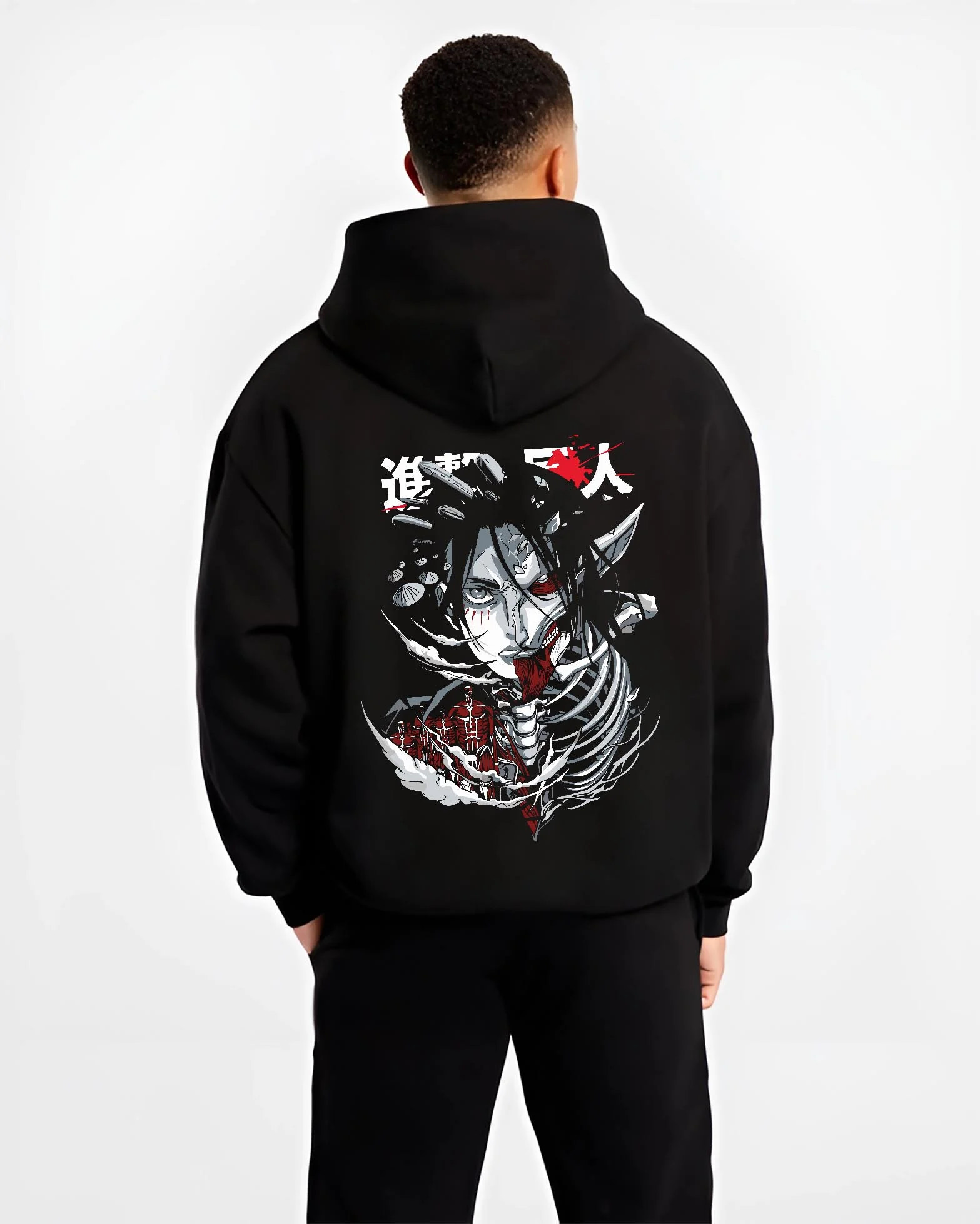 Black hoodie worn by male model, back view with Founding Titan Hoodie Attack on Titan Skull Face Panel graphic bold anime graphic.