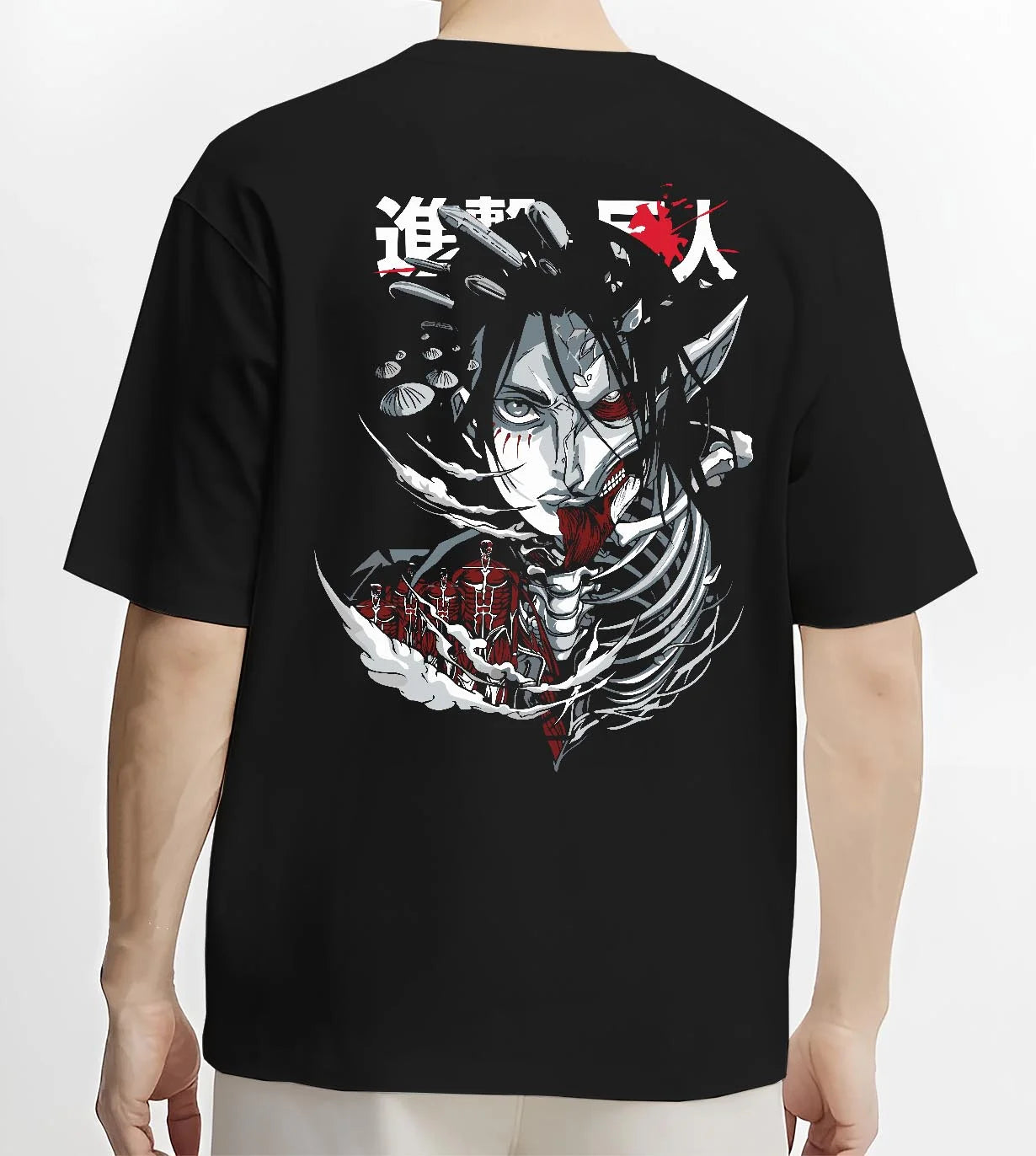 Black T-shirt worn by male model, back view with Founding Titan Hoodie Attack on Titan Skull Face Panel graphic premium wear.