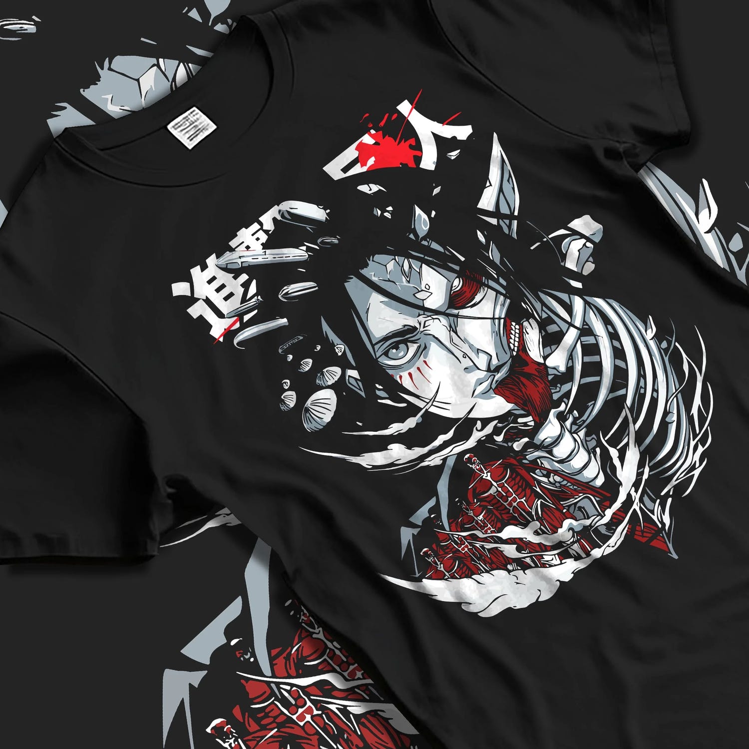 Black T-shirt laid flat with natural folds with Founding Titan Hoodie Attack on Titan Skull Face Panel graphic streetwear graphic.