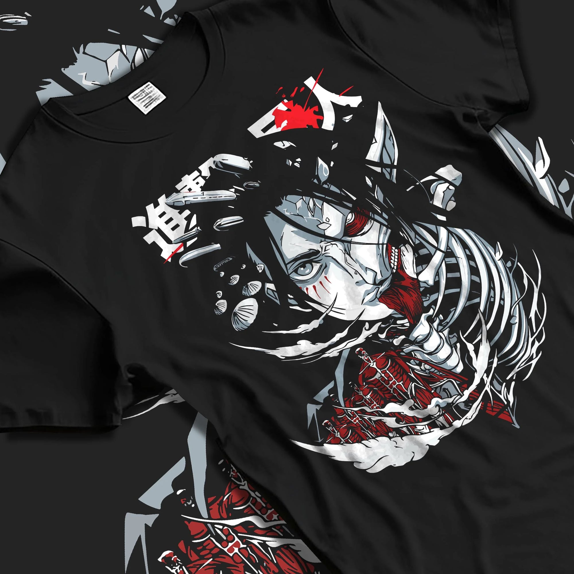 Black T-shirt laid flat with natural folds with Founding Titan Hoodie Attack on Titan Skull Face Panel graphic streetwear graphic.