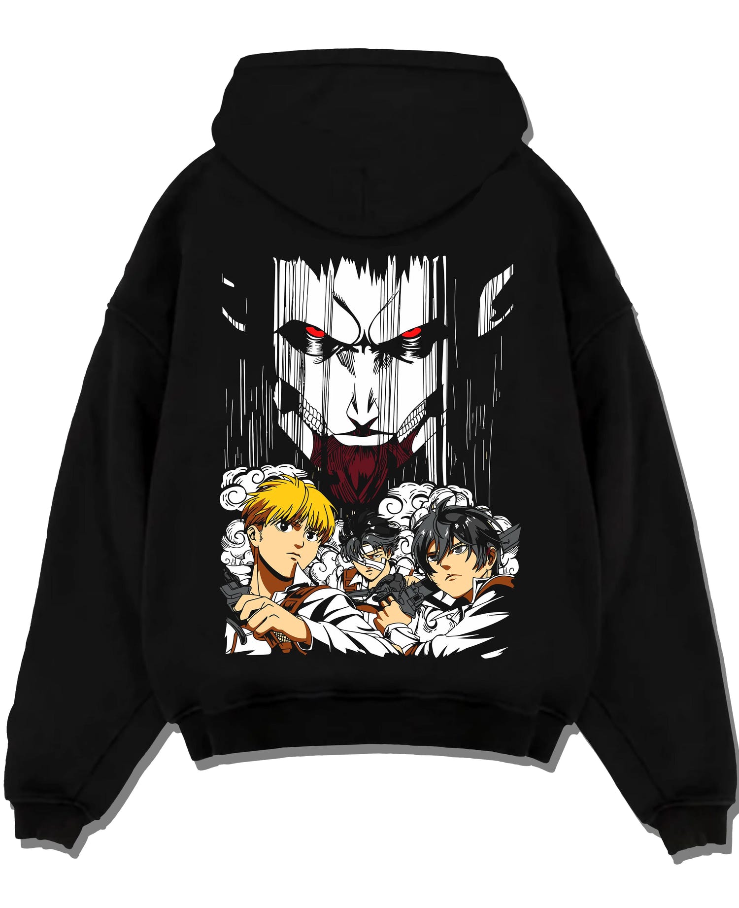 Black pullover hoodie laid flat with Survey Corps Hoodie Attack on Titan Levi and Squad Team graphic bold anime graphic.
