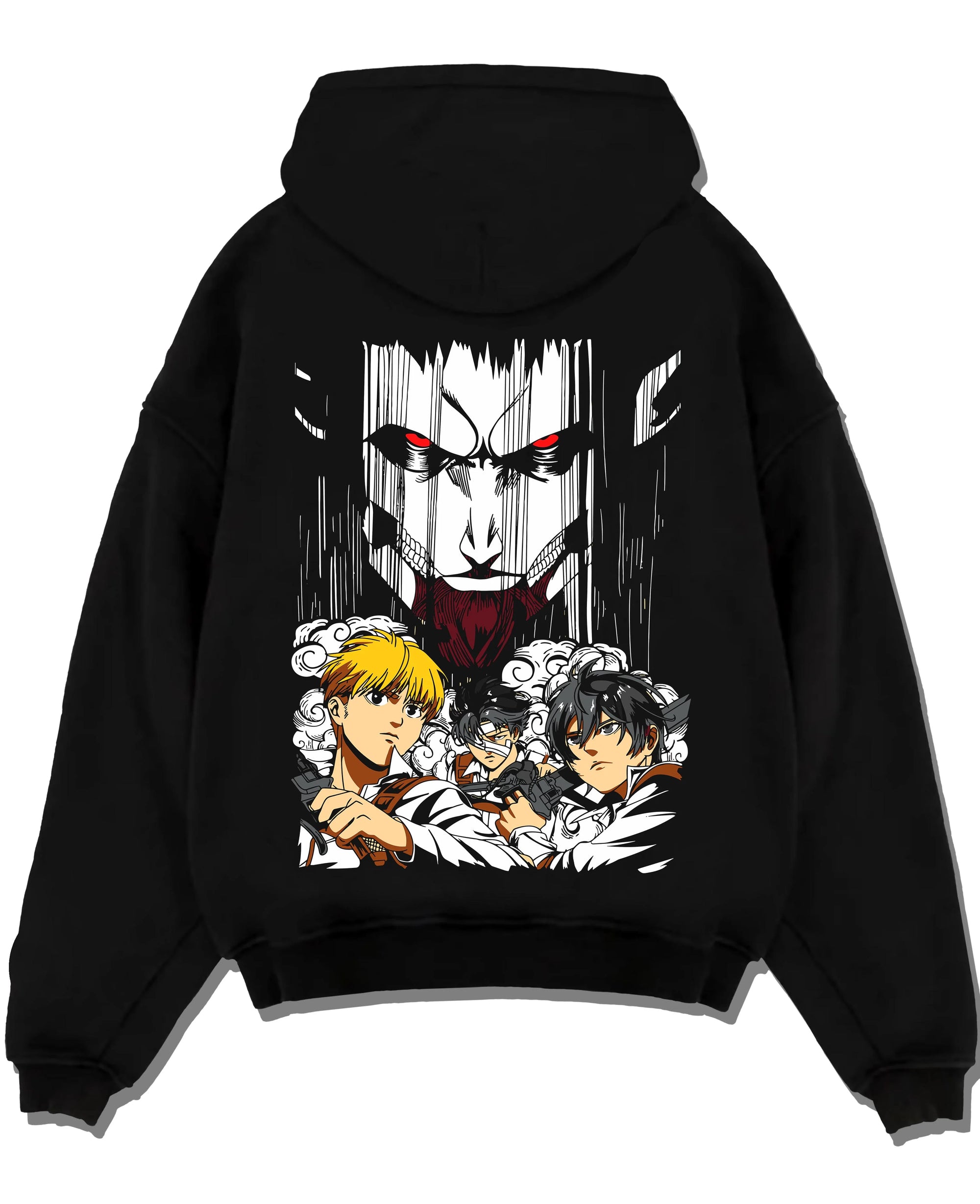 Black pullover hoodie laid flat with Survey Corps Hoodie Attack on Titan Levi and Squad Team graphic bold anime graphic.