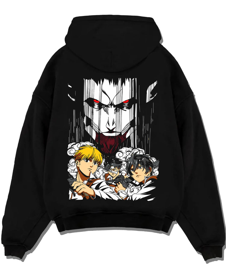 Black pullover hoodie laid flat with Survey Corps Hoodie Attack on Titan Levi and Squad Team graphic bold anime graphic.